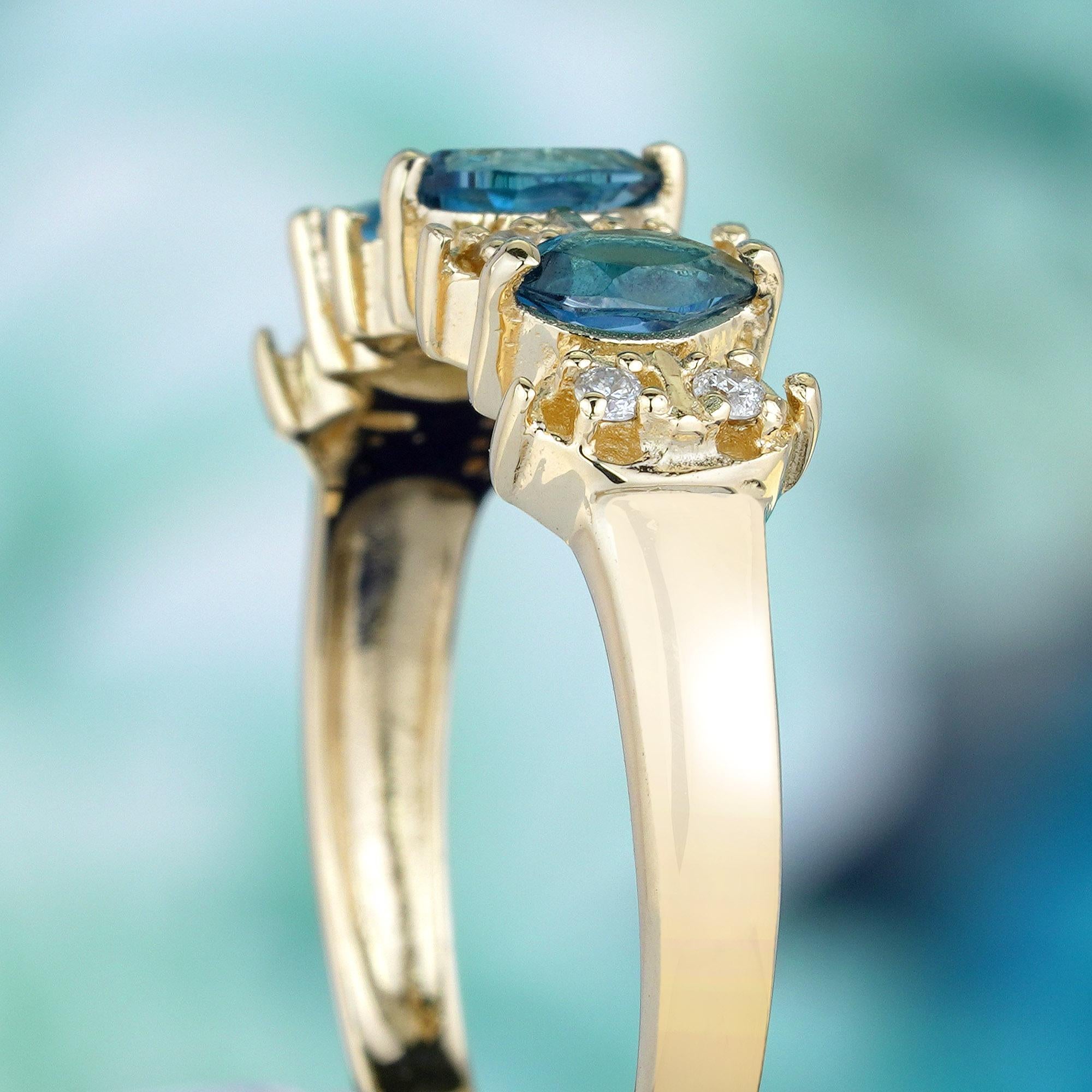 Natürlicher Londoner Blauer Topas und Diamantring im Vintage-Stil aus massivem 9K Gelbgold Damen im Angebot