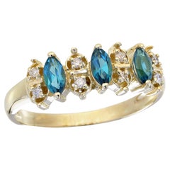 Natürlicher Londoner Blauer Topas und Diamantring im Vintage-Stil aus massivem 9K Gelbgold