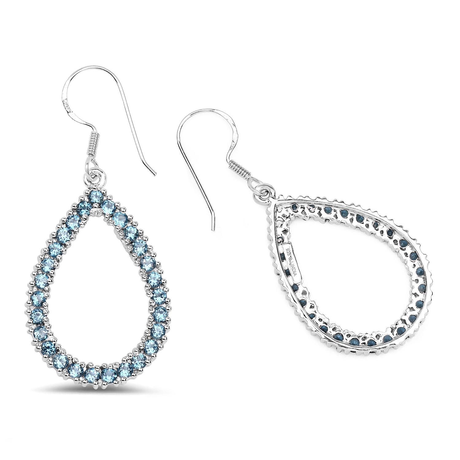 Round Cut Natural London Blue Topaz Dangle Earrings 4.30 Carats Rhodium Plated Silver For Sale