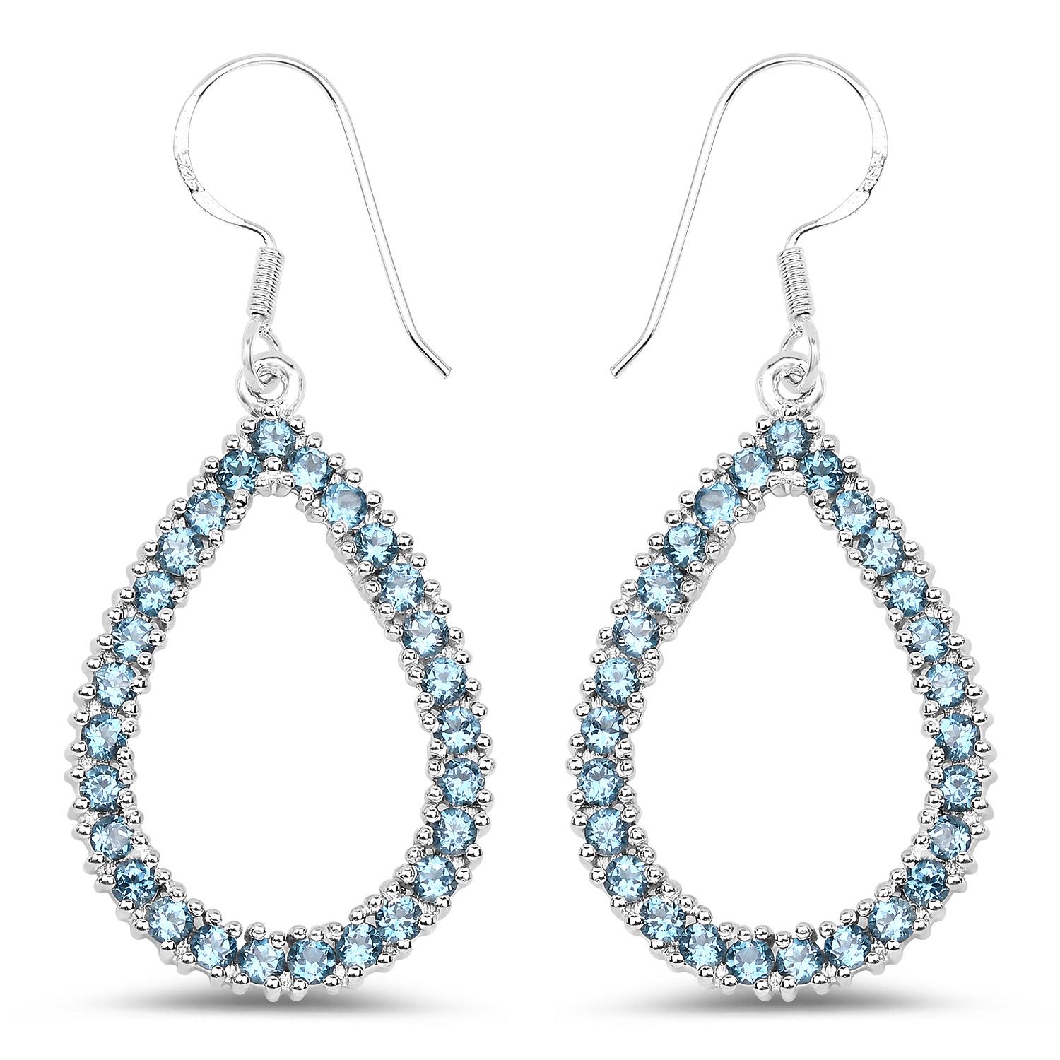 Women's Natural London Blue Topaz Dangle Earrings 4.30 Carats Rhodium Plated Silver For Sale
