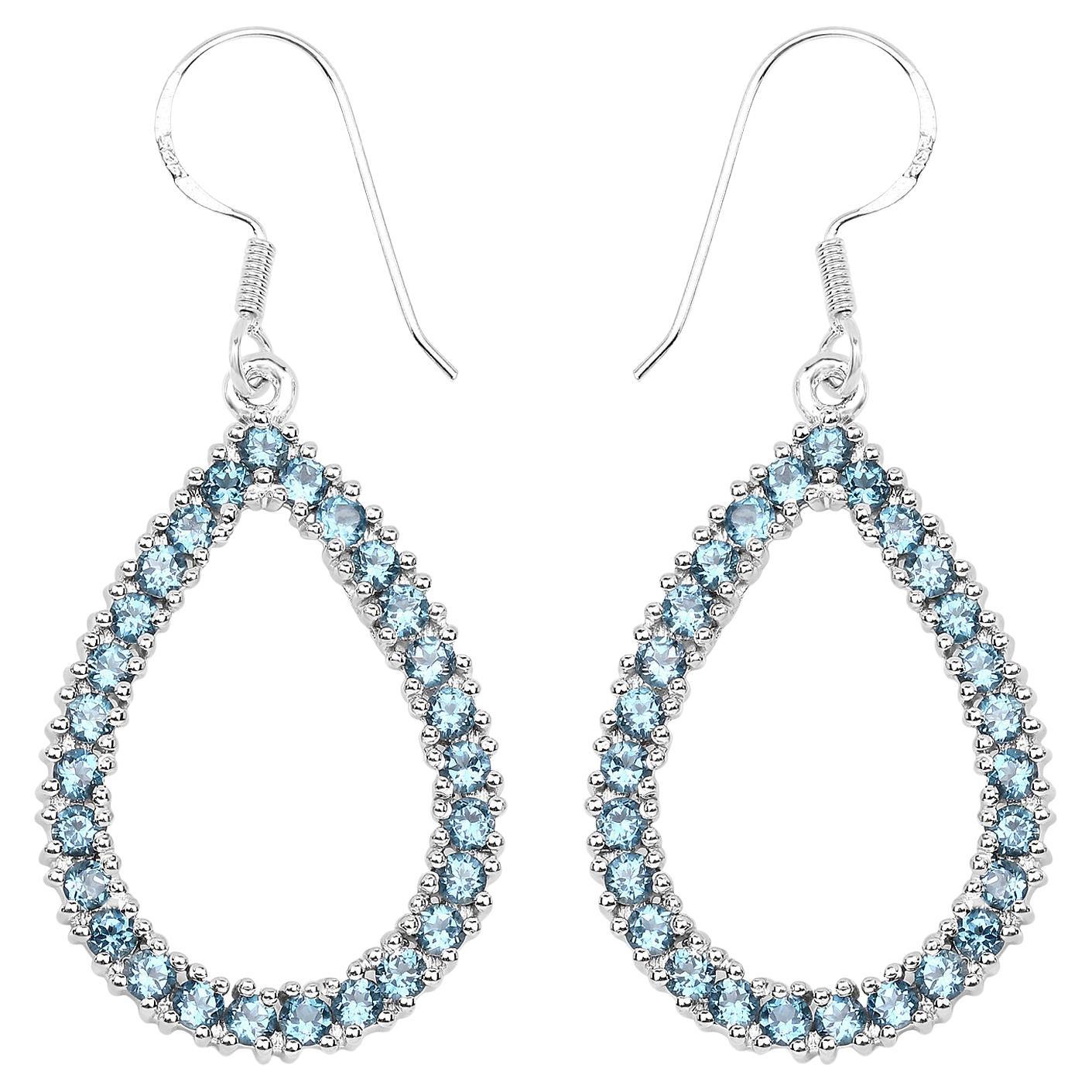 Natural London Blue Topaz Dangle Earrings 4.30 Carats Rhodium Plated Silver