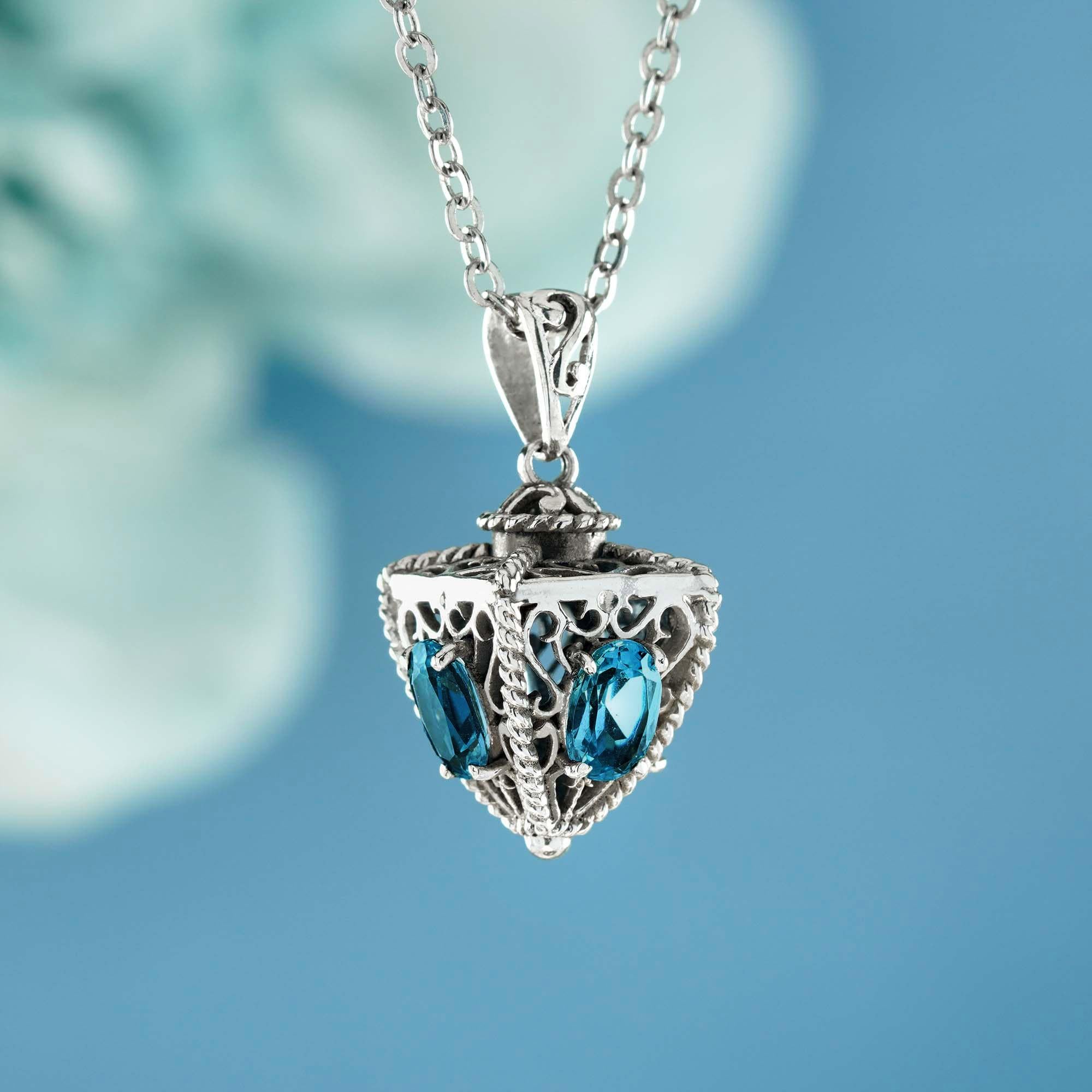 Edwardian Natural London Blue Topaz Pyramid Shape Vintage Style Pendant in 9K White Gold For Sale