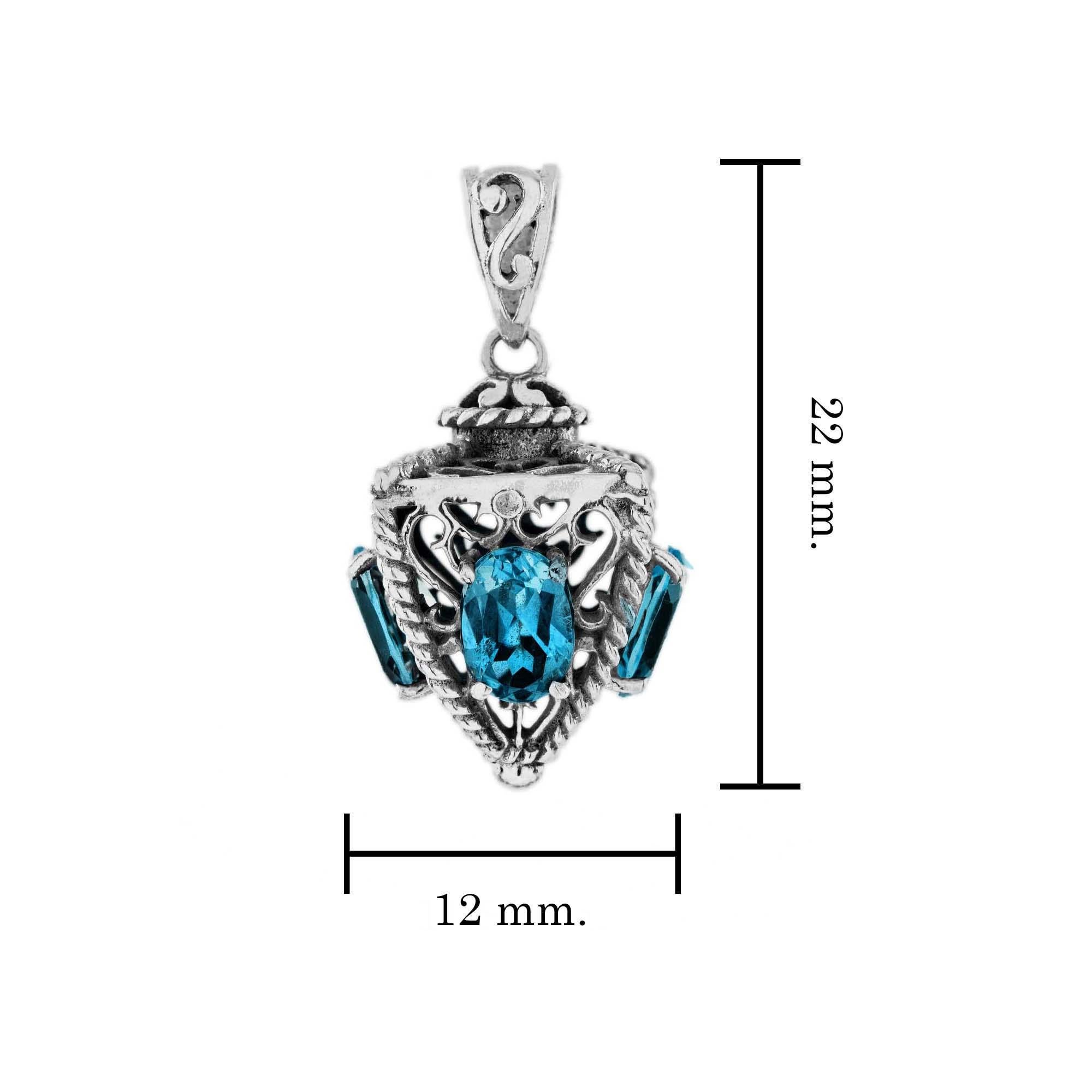 Natural London Blue Topaz Pyramid Shape Vintage Style Pendant in 9K White Gold In New Condition For Sale In Bangkok, TH