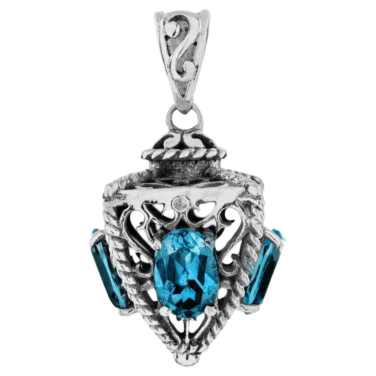 Natural London Blue Topaz Pyramid Shape Vintage Style Pendant in 9K White Gold For Sale