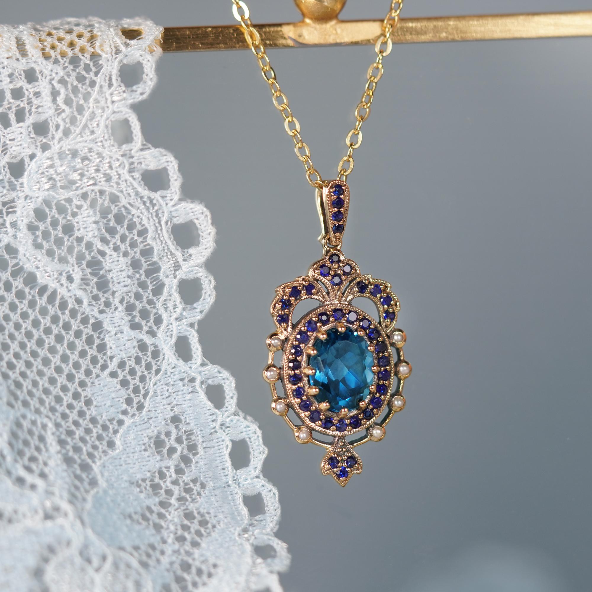 Natural London Blue Topaz Sapphire Pearl Vintage Style Pendant in solid 9K Gold In New Condition In Bangkok, TH