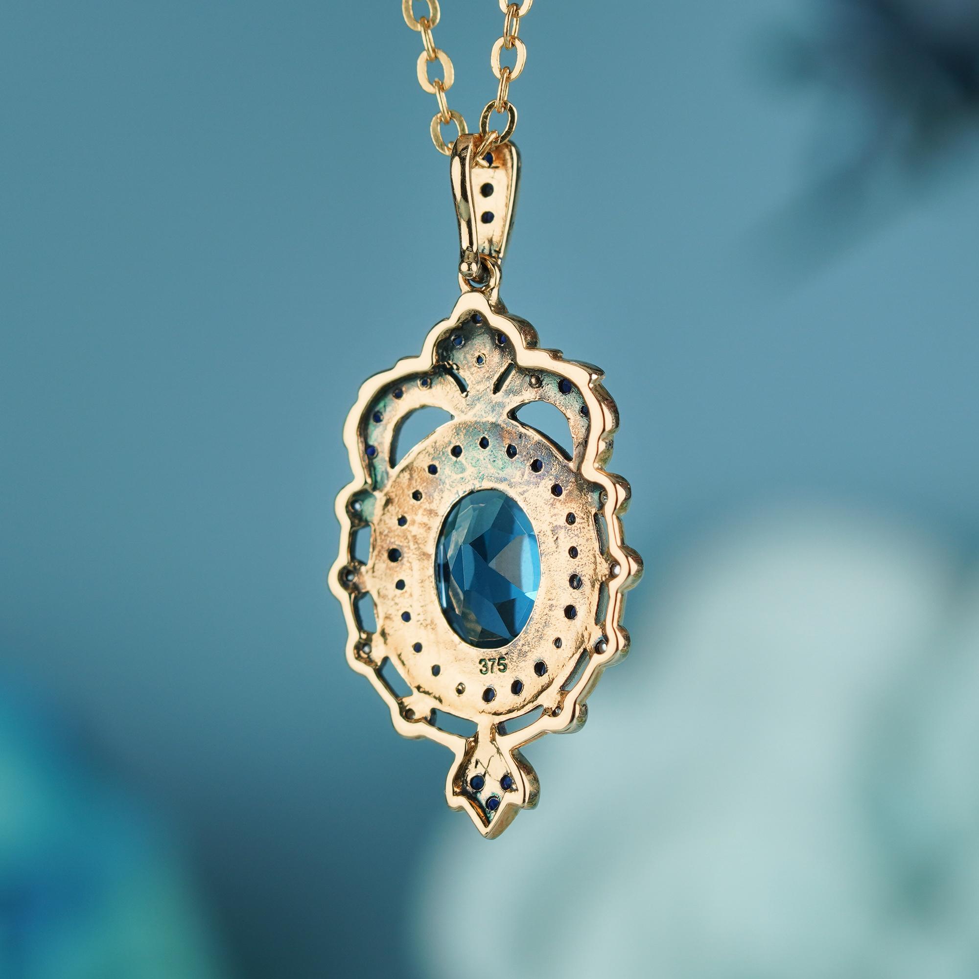 Oval Cut Natural London Blue Topaz Sapphire Pearl Vintage Style Pendant in solid 9K Gold