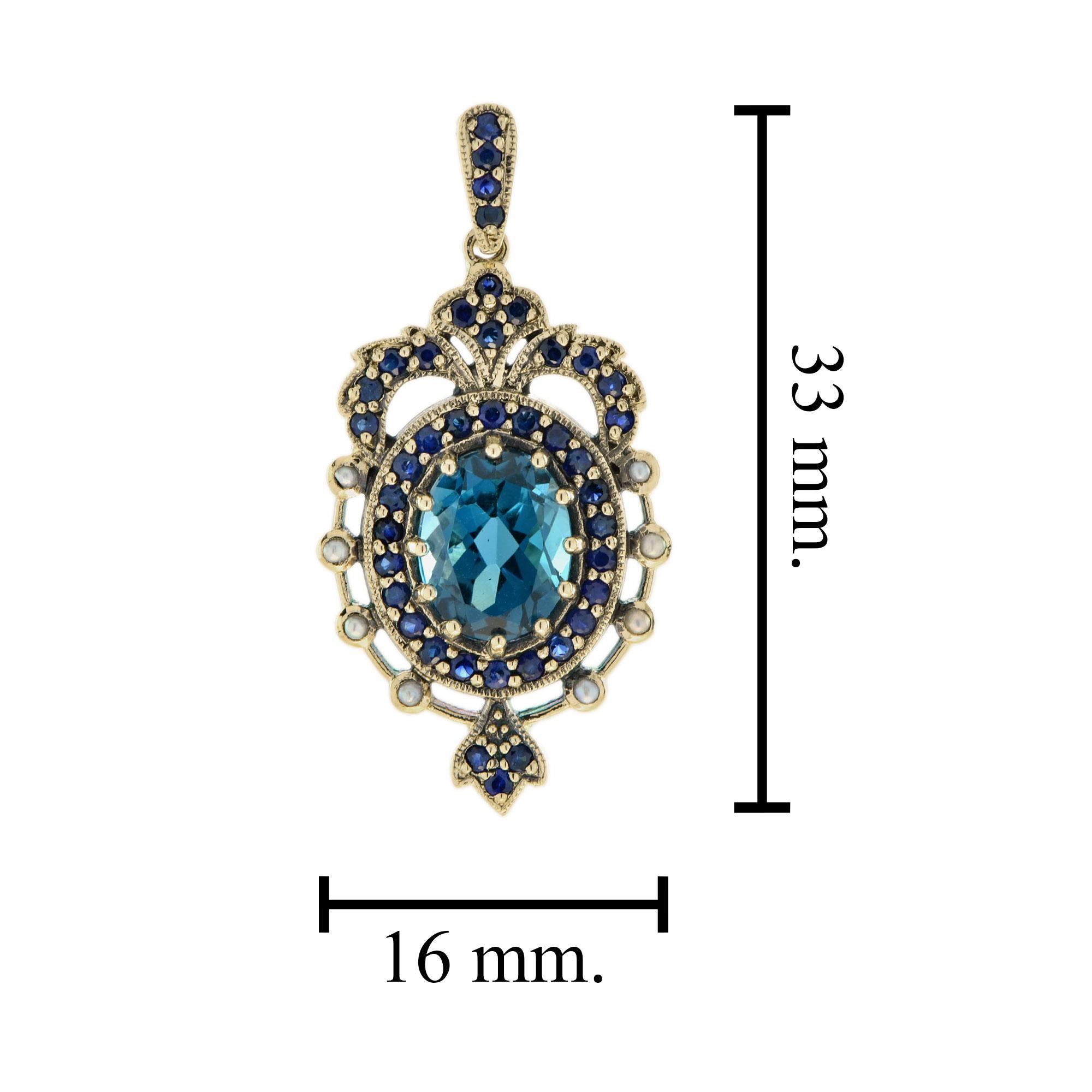 Natural London Blue Topaz Sapphire Pearl Vintage Style Pendant in solid 9K Gold 2