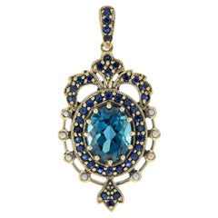 Natural London Blue Topaz Sapphire Pearl Vintage Style Pendant in solid 9K Gold