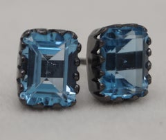 Natural London Blue Topaz sterling 925 silver earrings studs in Bold black