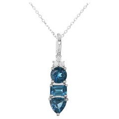 Natural London Blue Topaz Stone 2.53 cts in 14K White Gold Pendant with Diamonds