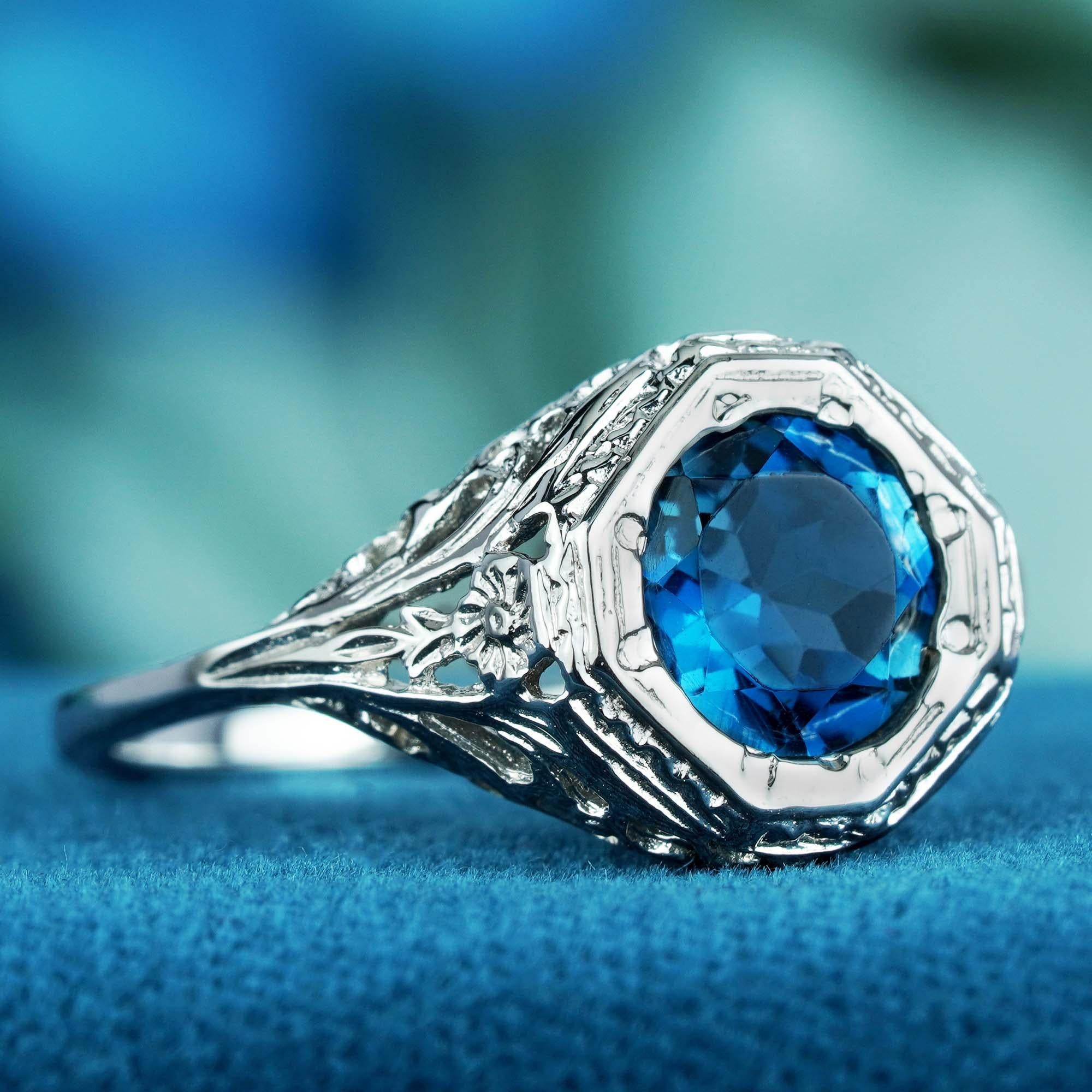 For Sale:  Natural London Blue Topaz Vintage Style Filigree Ring in Solid 9K White Gold 2