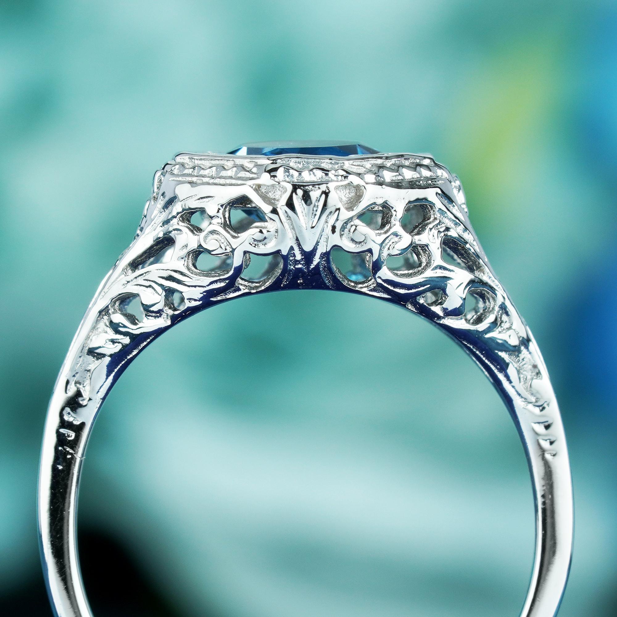 For Sale:  Natural London Blue Topaz Vintage Style Filigree Ring in Solid 9K White Gold 5