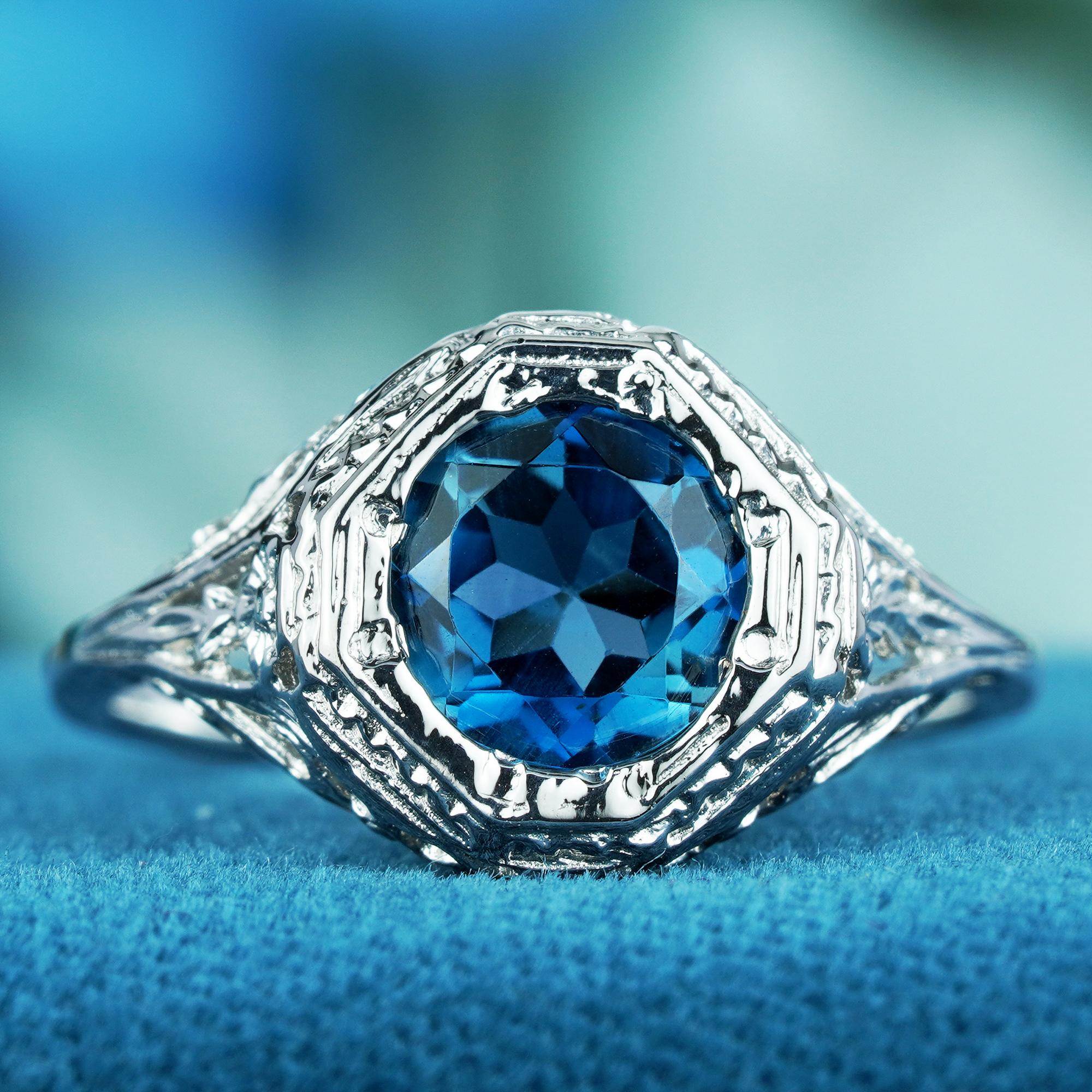 For Sale:  Natural London Blue Topaz Vintage Style Filigree Ring in Solid 9K White Gold 3