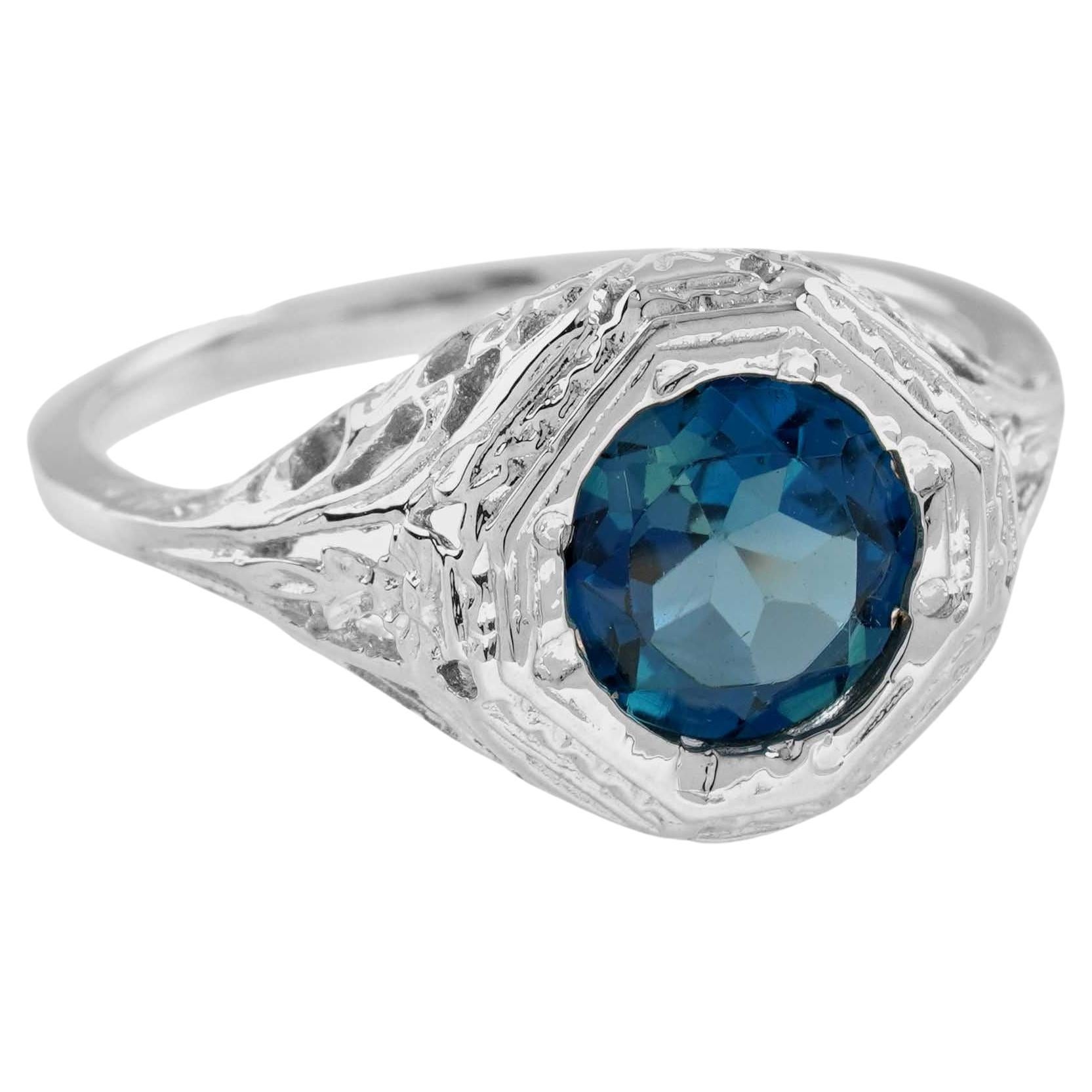 For Sale:  Natural London Blue Topaz Vintage Style Filigree Ring in Solid 9K White Gold