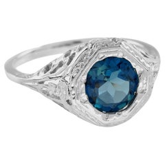 Natural London Blue Topaz Vintage Style Filigree Ring in Solid 9K White Gold