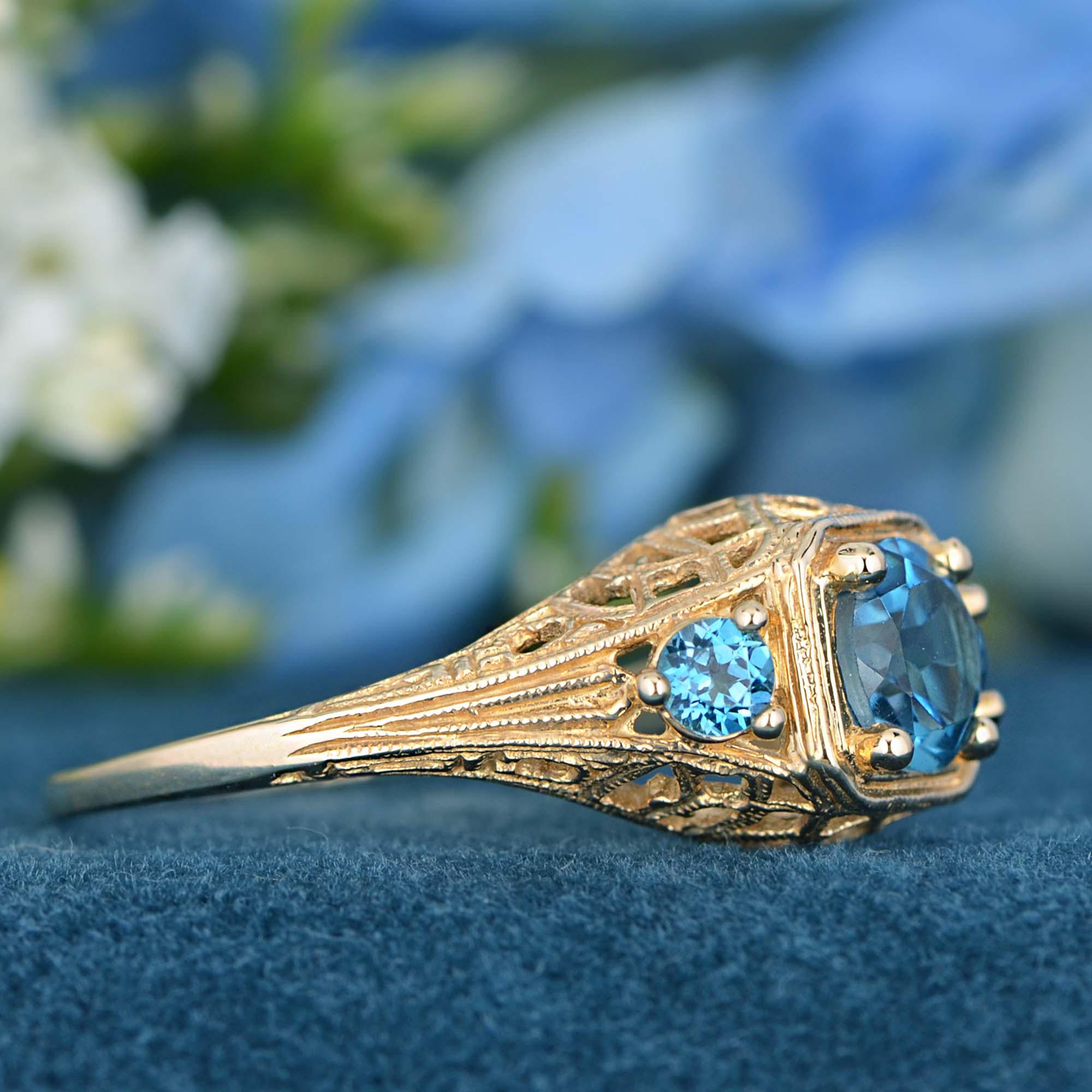 For Sale:  Natural London Blue Topaz Vintage Style Filigree Three Stone Ring in 9K Gold 4