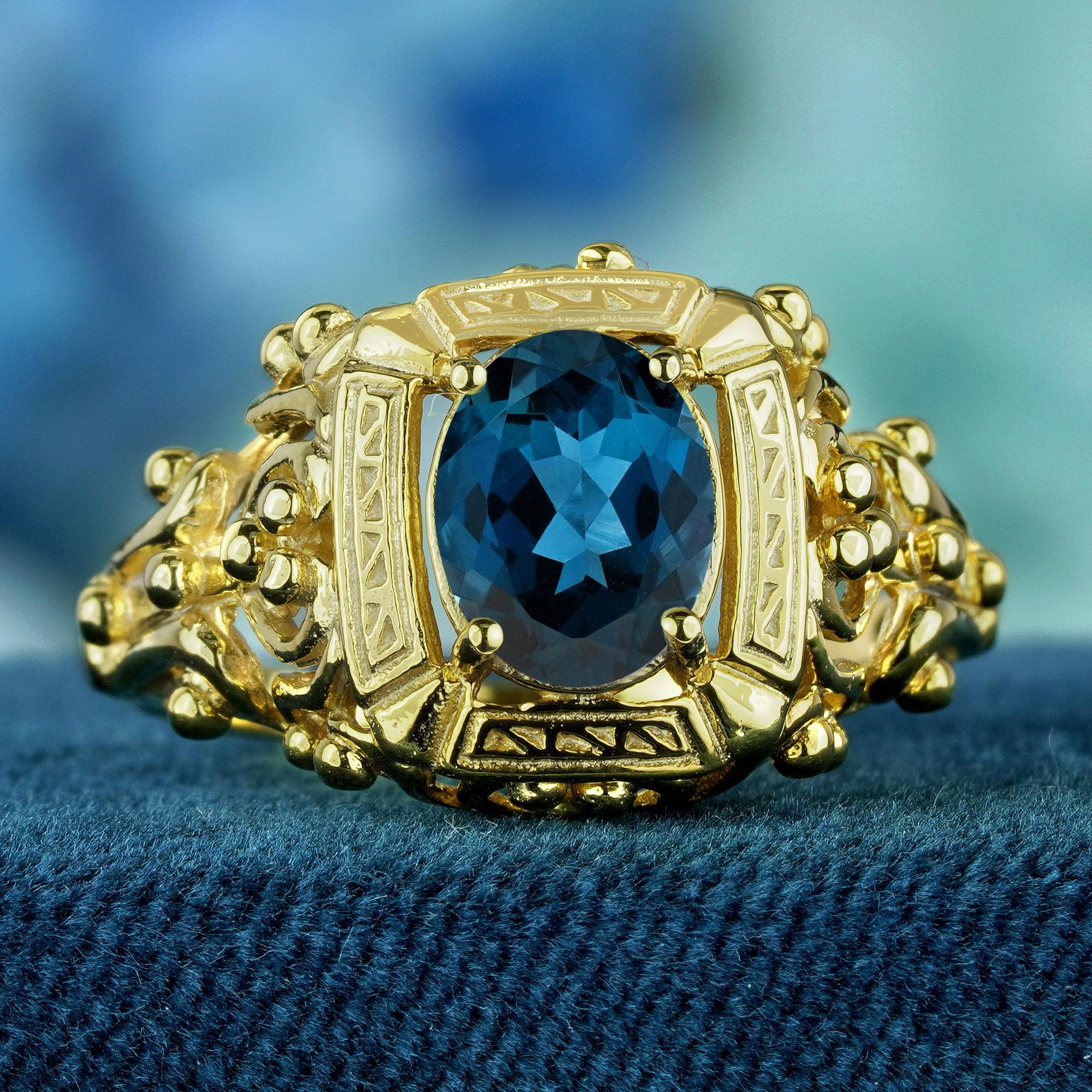 Edwardian Natural London Blue Topaz Vintage Style Ring in Solid 9K Yellow Gold For Sale