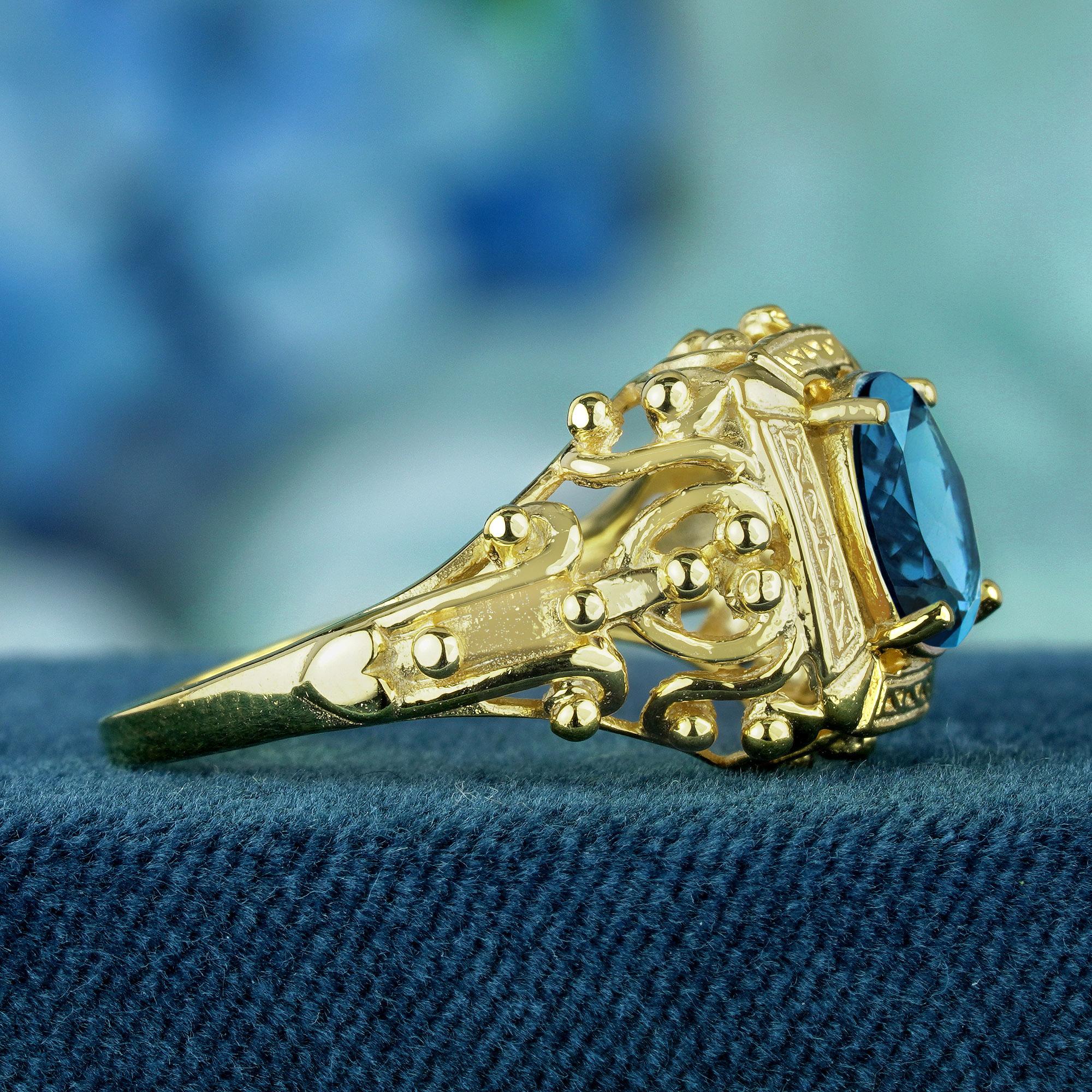 Oval Cut Natural London Blue Topaz Vintage Style Ring in Solid 9K Yellow Gold For Sale