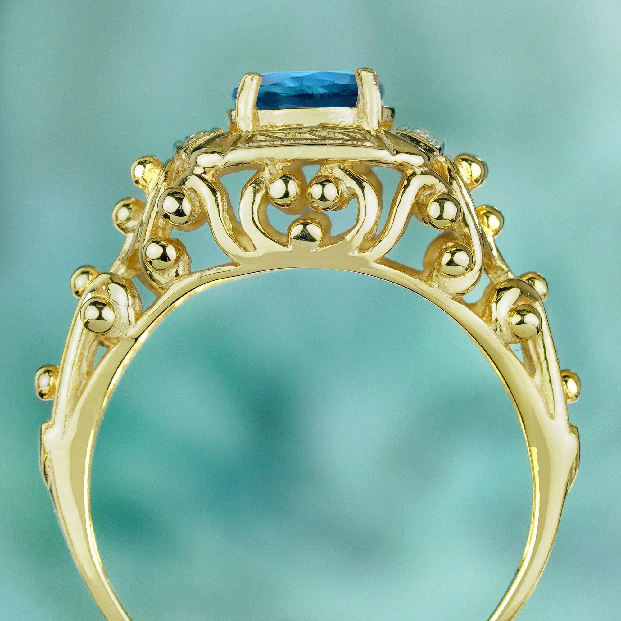 Natural London Blue Topaz Vintage Style Ring in Solid 9K Yellow Gold In New Condition For Sale In Bangkok, TH