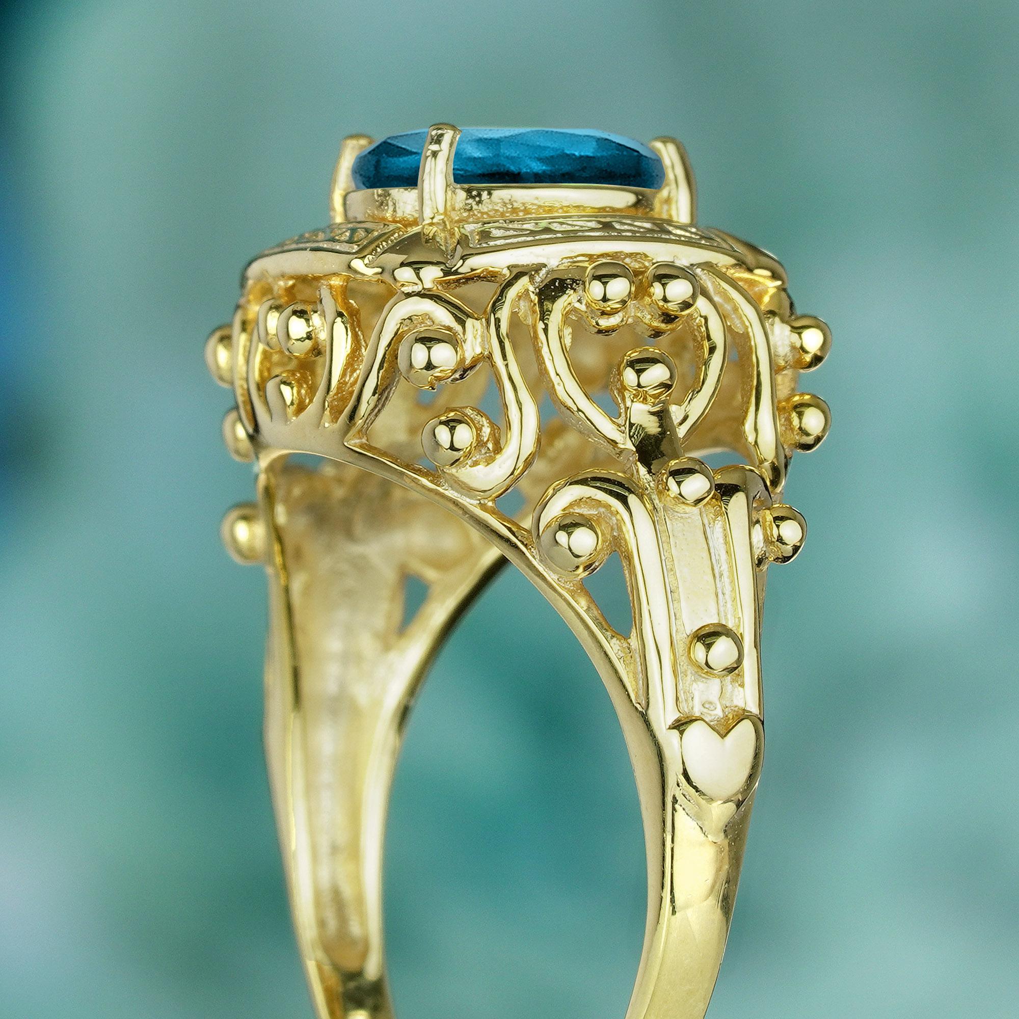 Women's Natural London Blue Topaz Vintage Style Ring in Solid 9K Yellow Gold For Sale