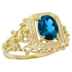 Natürlicher Londoner blauer Topas im Vintage-Stil in massivem 9K Gelbgold Ring