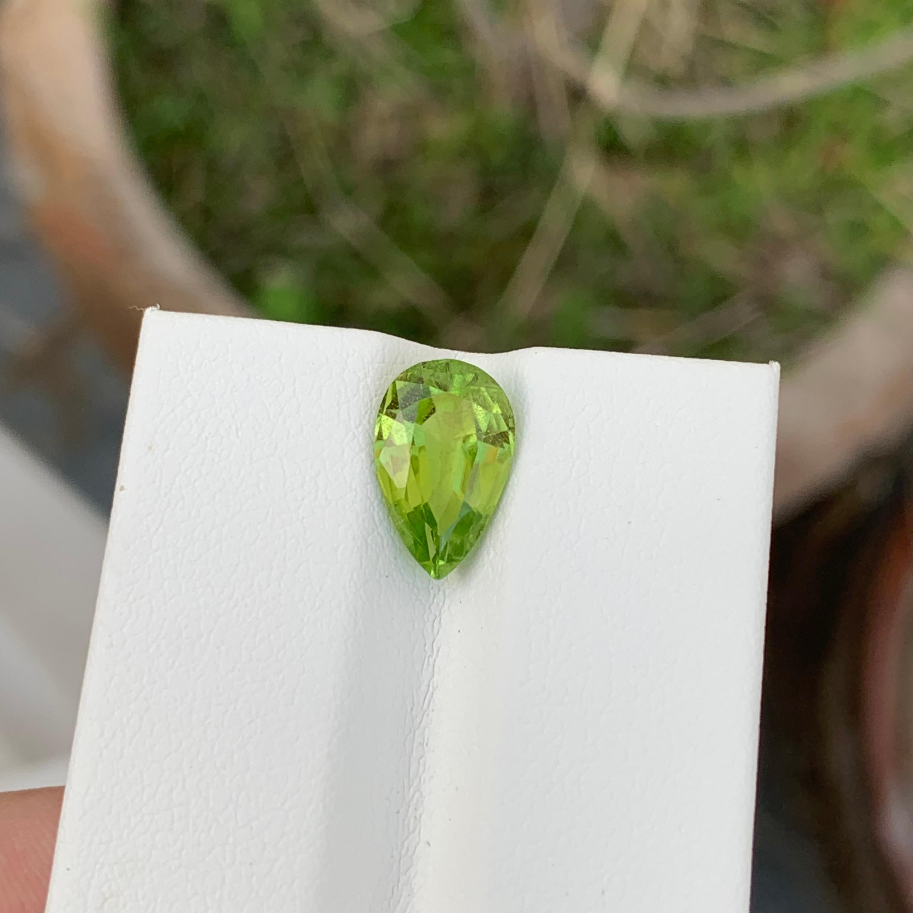 Loose Peridot
Weight: 2.55 Carats
Dimension: 11.5 x 7.3 x 4.7 Mm
Colour: Green
Origin: Supat Valley, Pakistan
Shape: Pear Shape 
Certificate: On Demand
Treatment: Non

Peridot, a vibrant and lustrous gemstone, has been cherished for centuries for
