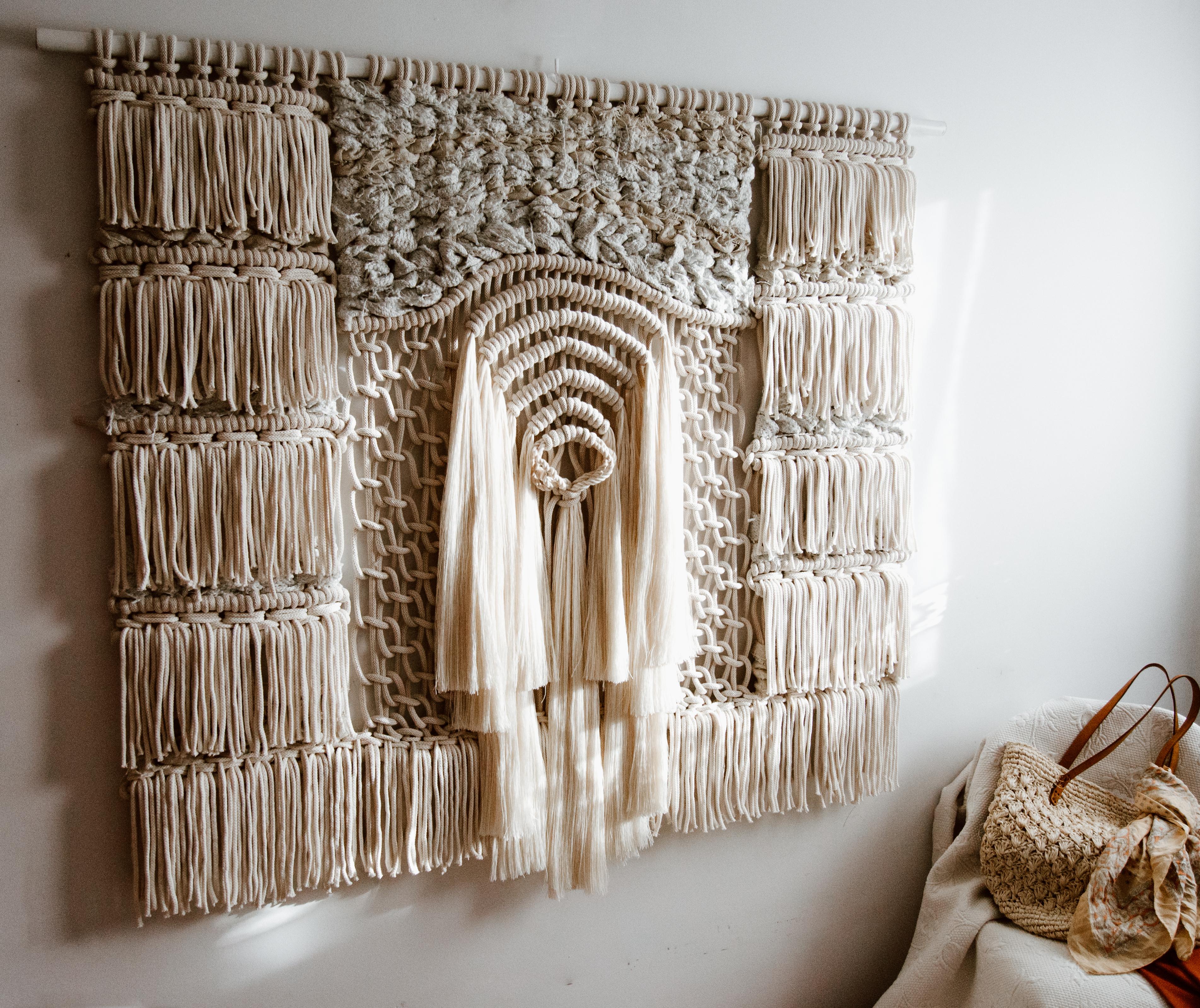 Arts and Crafts Natural Macrame and Handwoven Fiber Art Handmade in Spain by Belen Senra For Sale