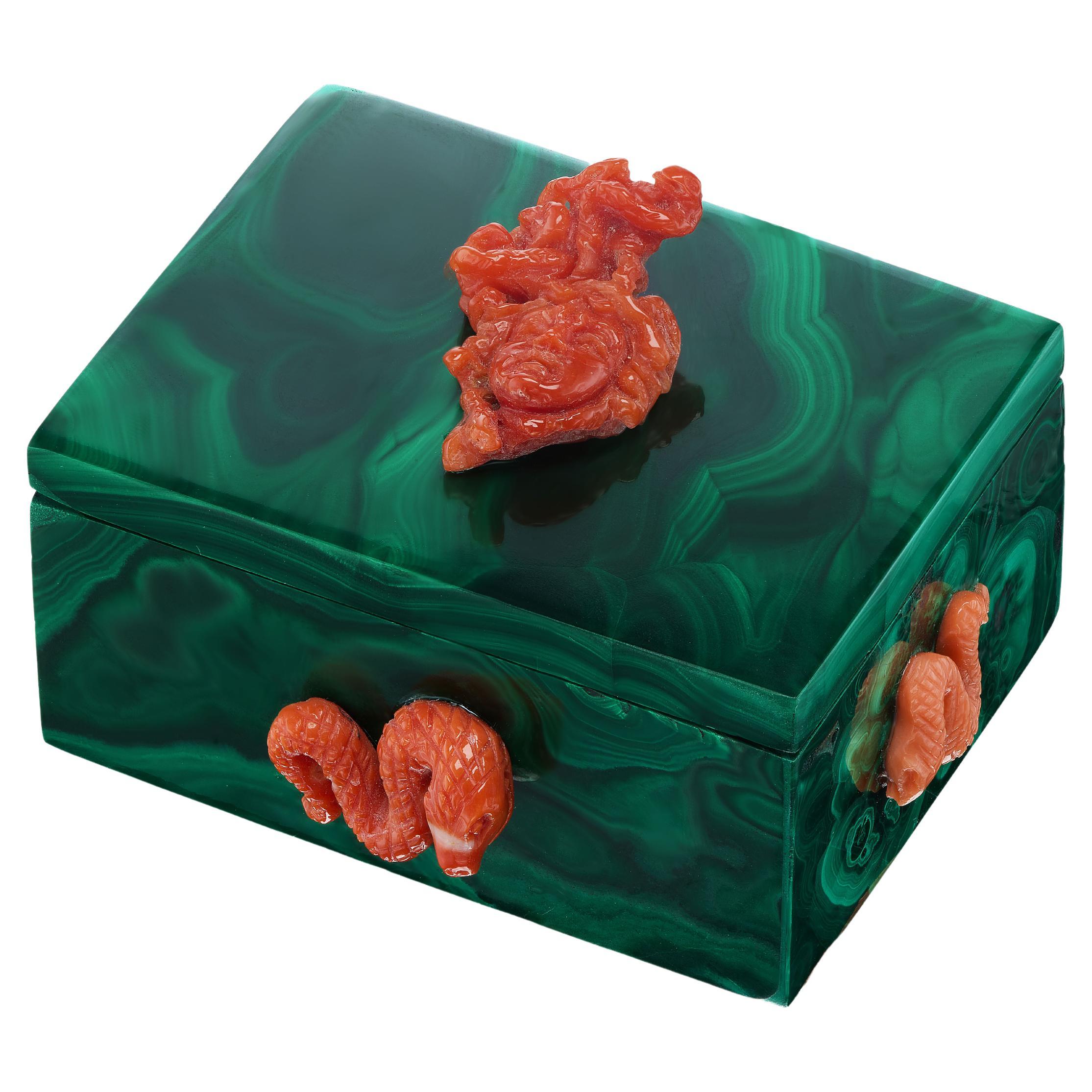 Natural Malachite and Coral Medusa Box For Sale