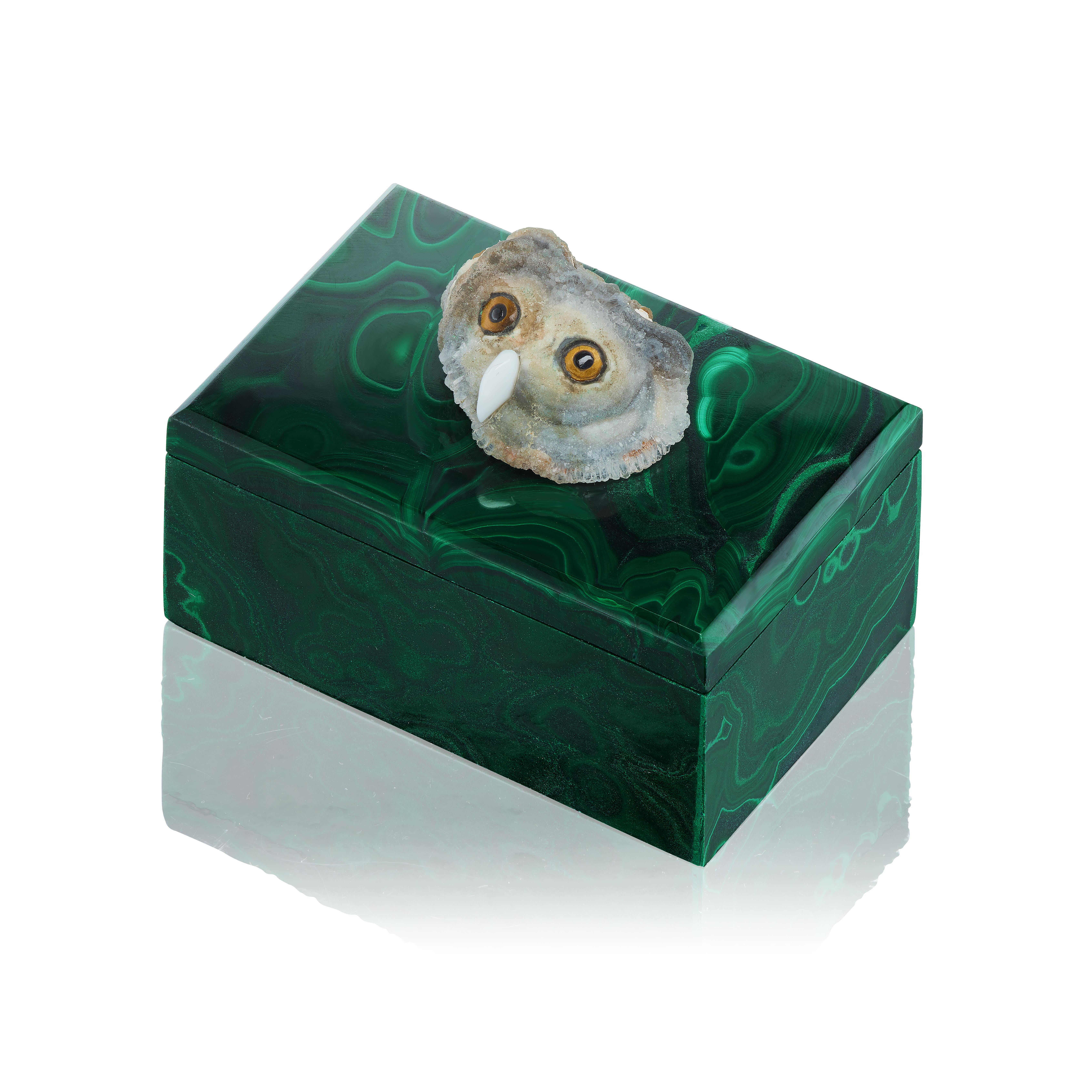 Contemporary Natural Malachite and Desert Rose Gemstone Owl Jewelry Box For Sale