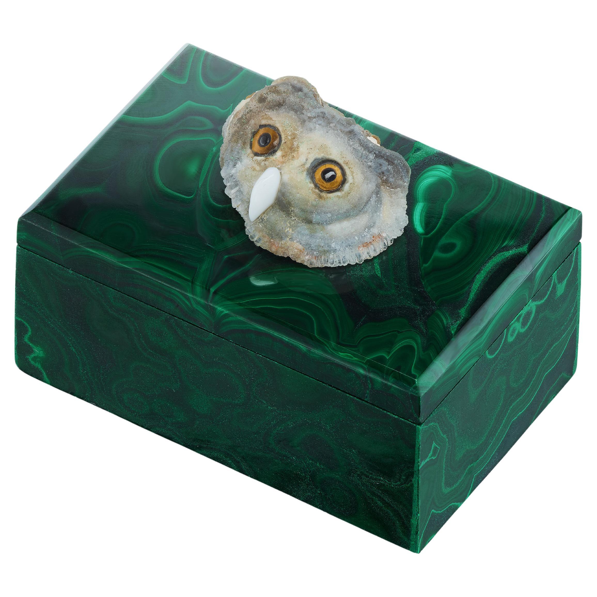 Natural Malachite and Desert Rose Gemstone Owl Jewelry Box For Sale