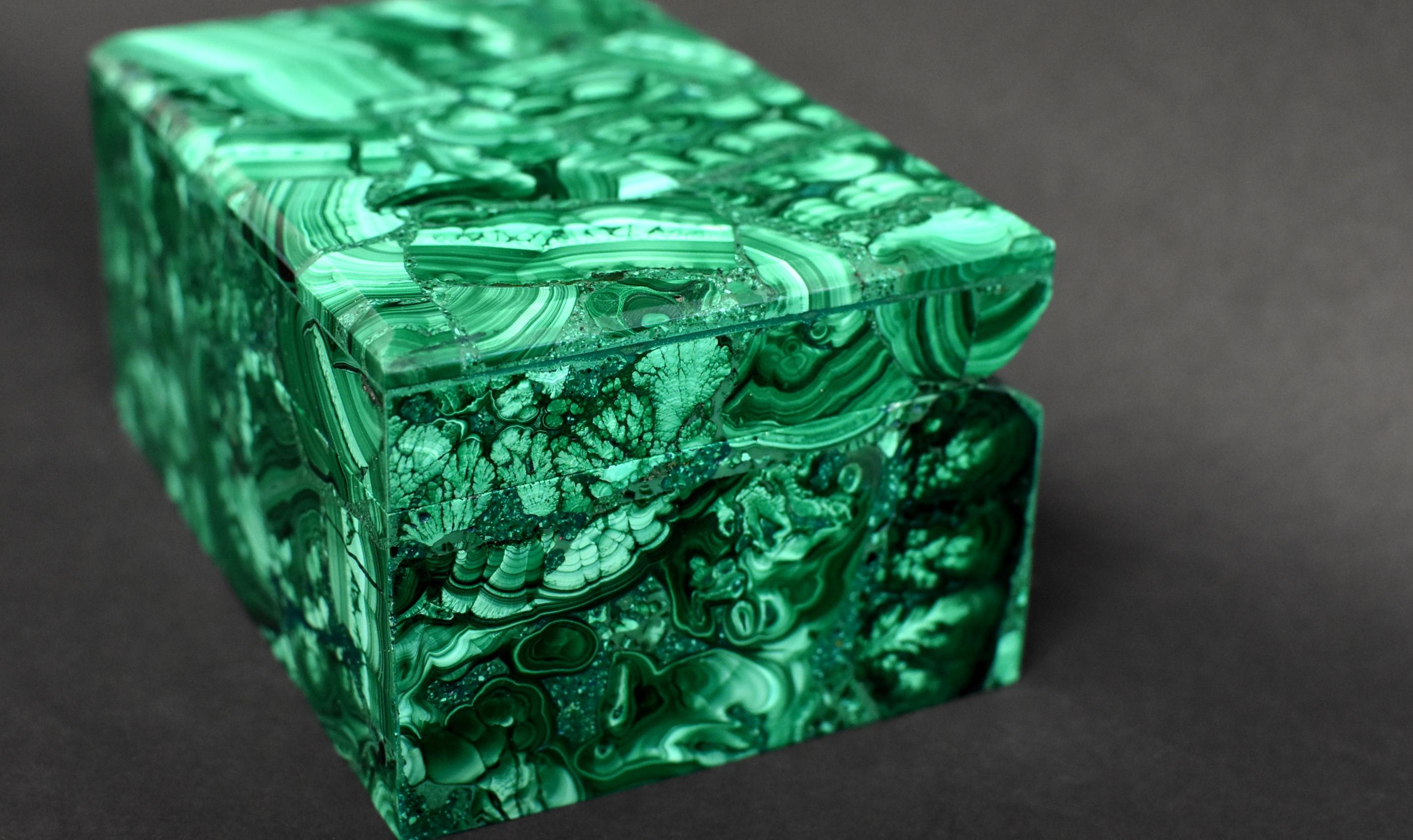 Contemporary Natural Malachite Box, Large 3 lb Full Slab Jewelry Box