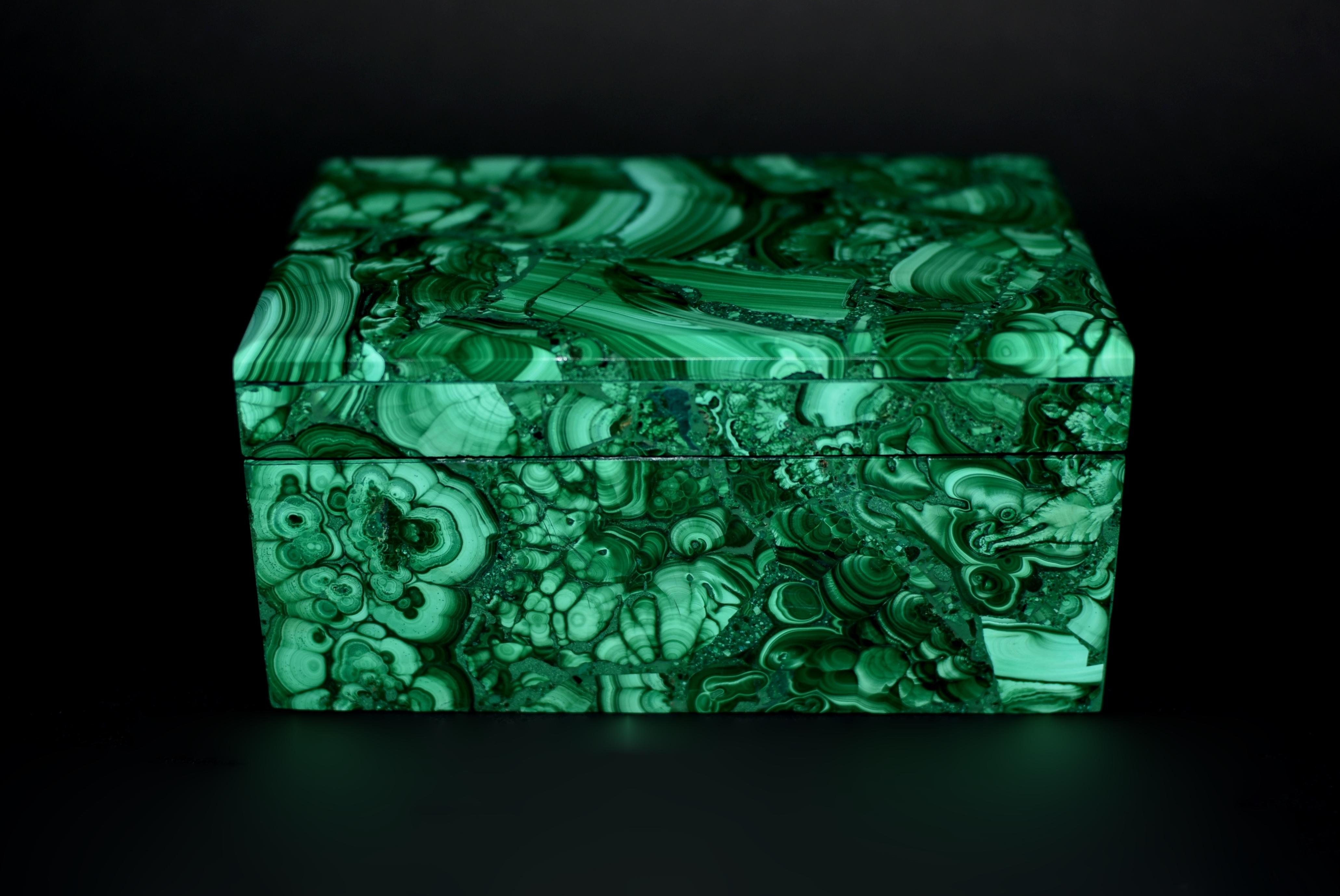 Absolutely beautiful 3 lb full-slab all natural malachite box. No liners, no veneer, just gemstone malachite. A remarkable objet d'art of quality, luxury and sophistication. Meticulously hand crafted with beveled edges and polished to a beautiful