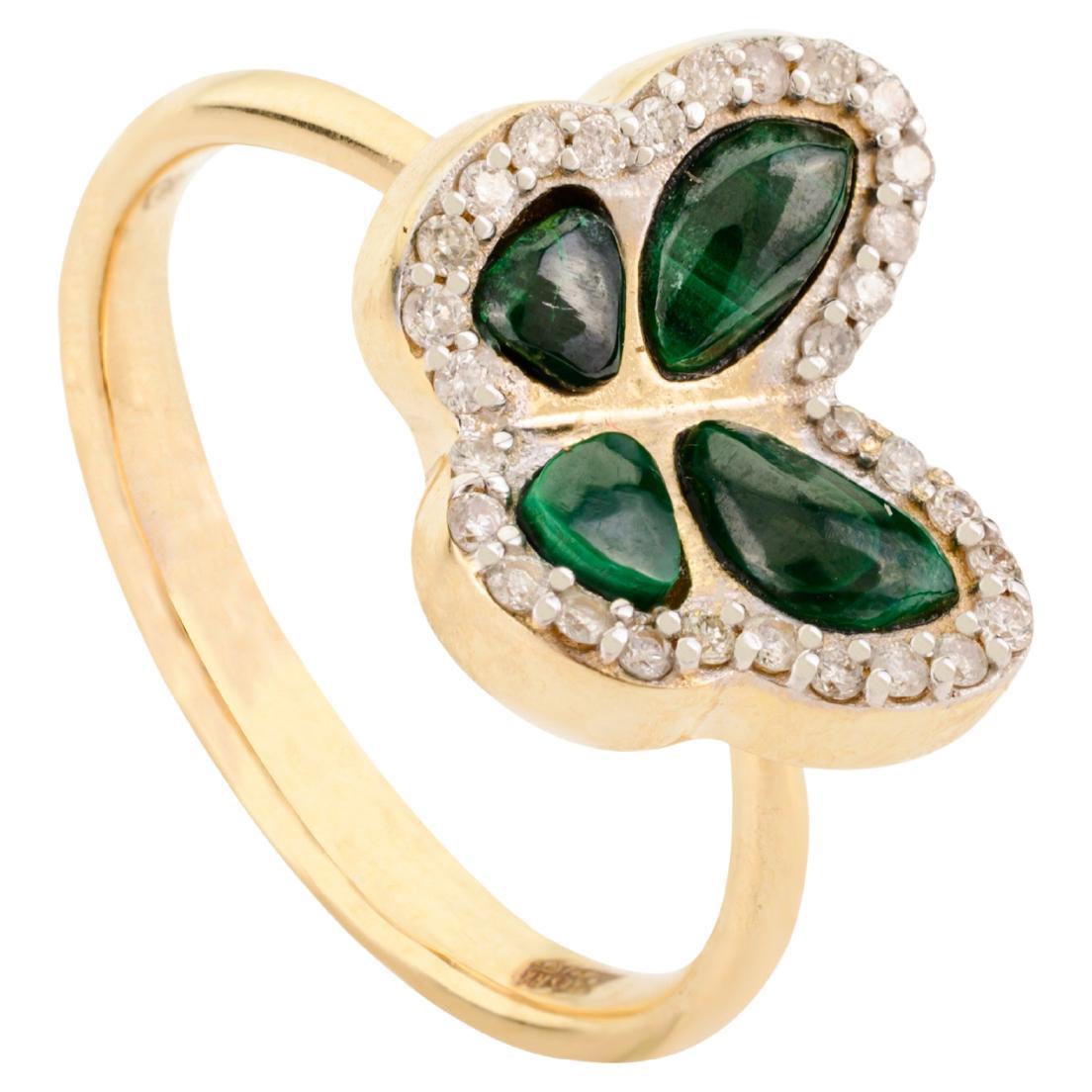For Sale:  Natural Malachite Butterfly Ring with Diamonds Valentine Gift in 14k Yellow Gold 2