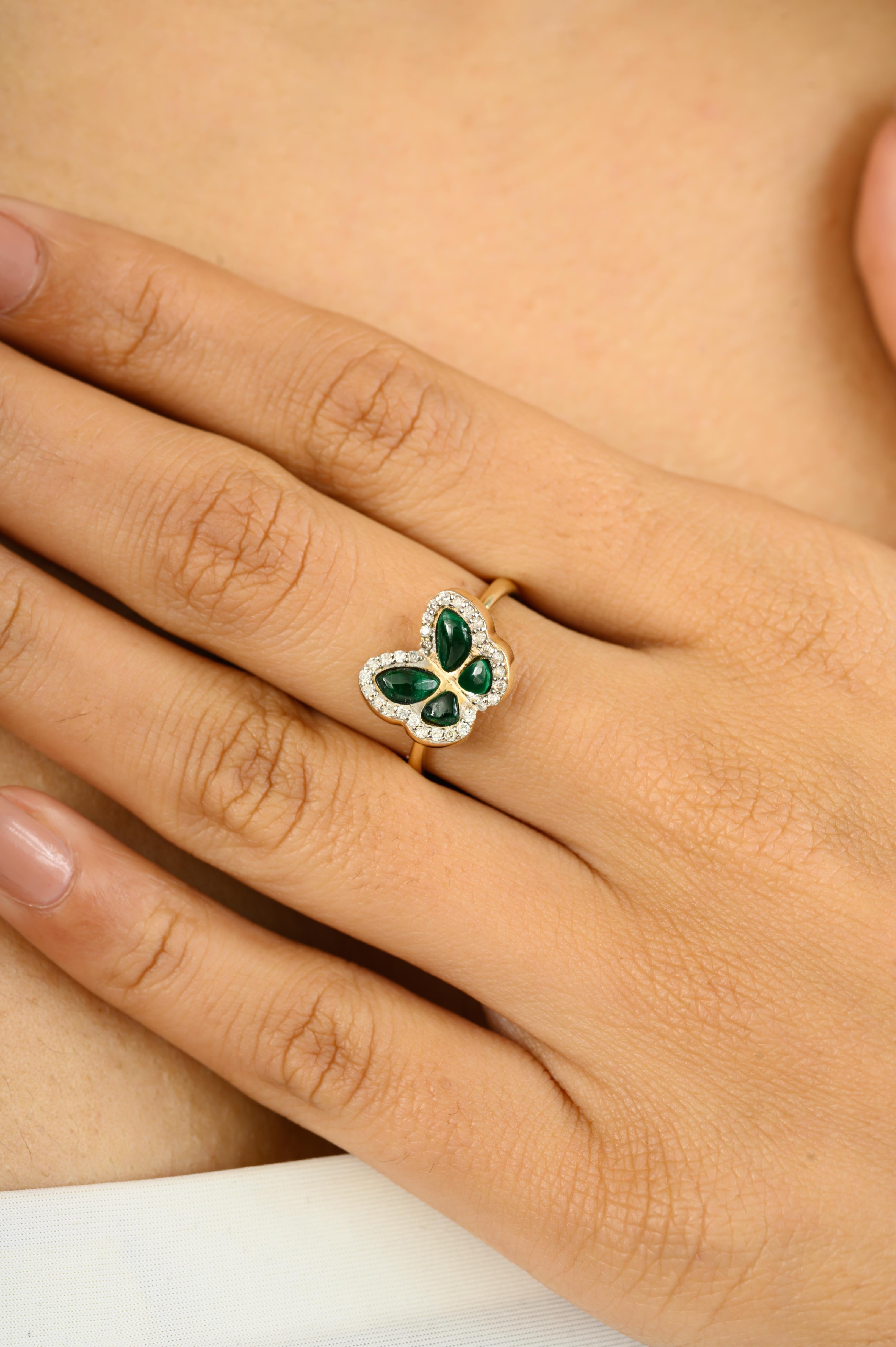 For Sale:  Natural Malachite Butterfly Ring with Diamonds Valentine Gift in 14k Yellow Gold 3