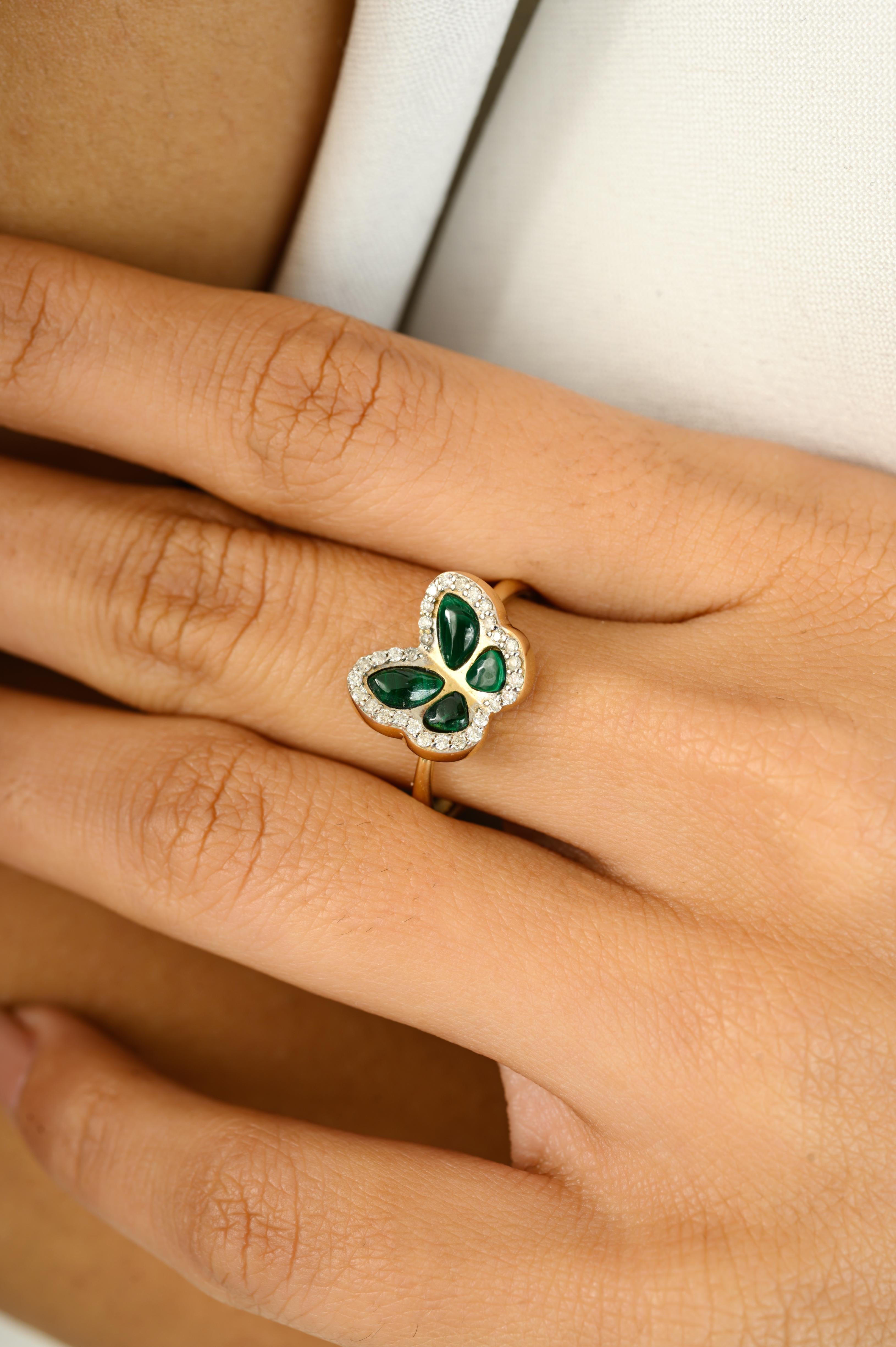 For Sale:  Natural Malachite Butterfly Ring with Diamonds Valentine Gift in 14k Yellow Gold 4
