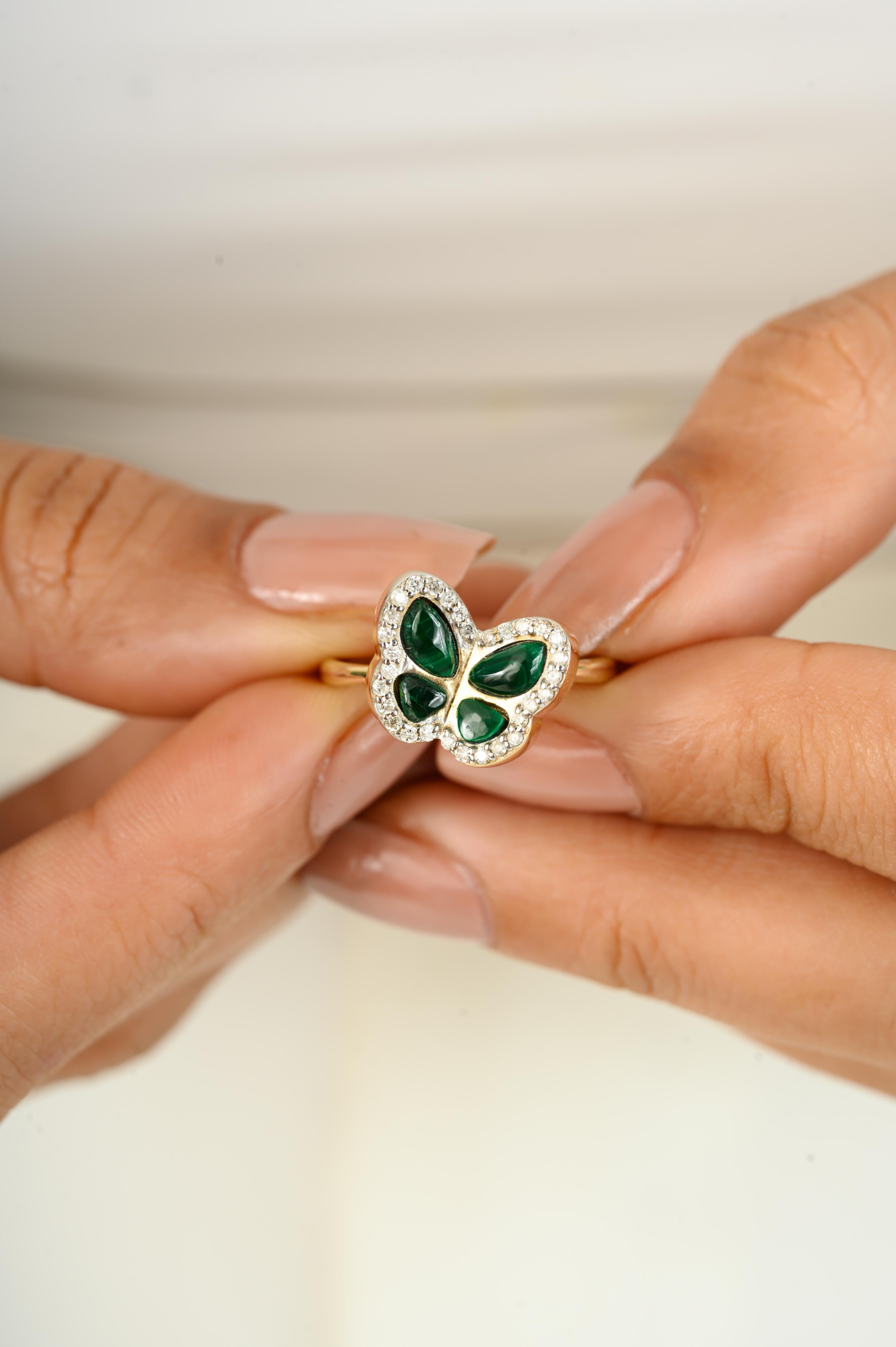 For Sale:  Natural Malachite Butterfly Ring with Diamonds Valentine Gift in 14k Yellow Gold 5
