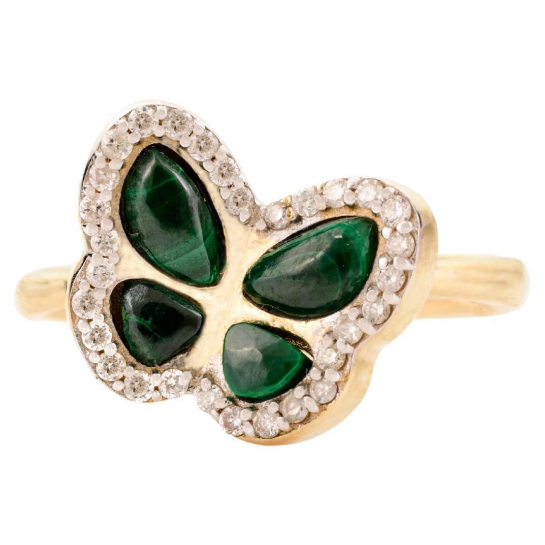 For Sale:  Natural Malachite Butterfly Ring with Diamonds Valentine Gift in 14k Yellow Gold