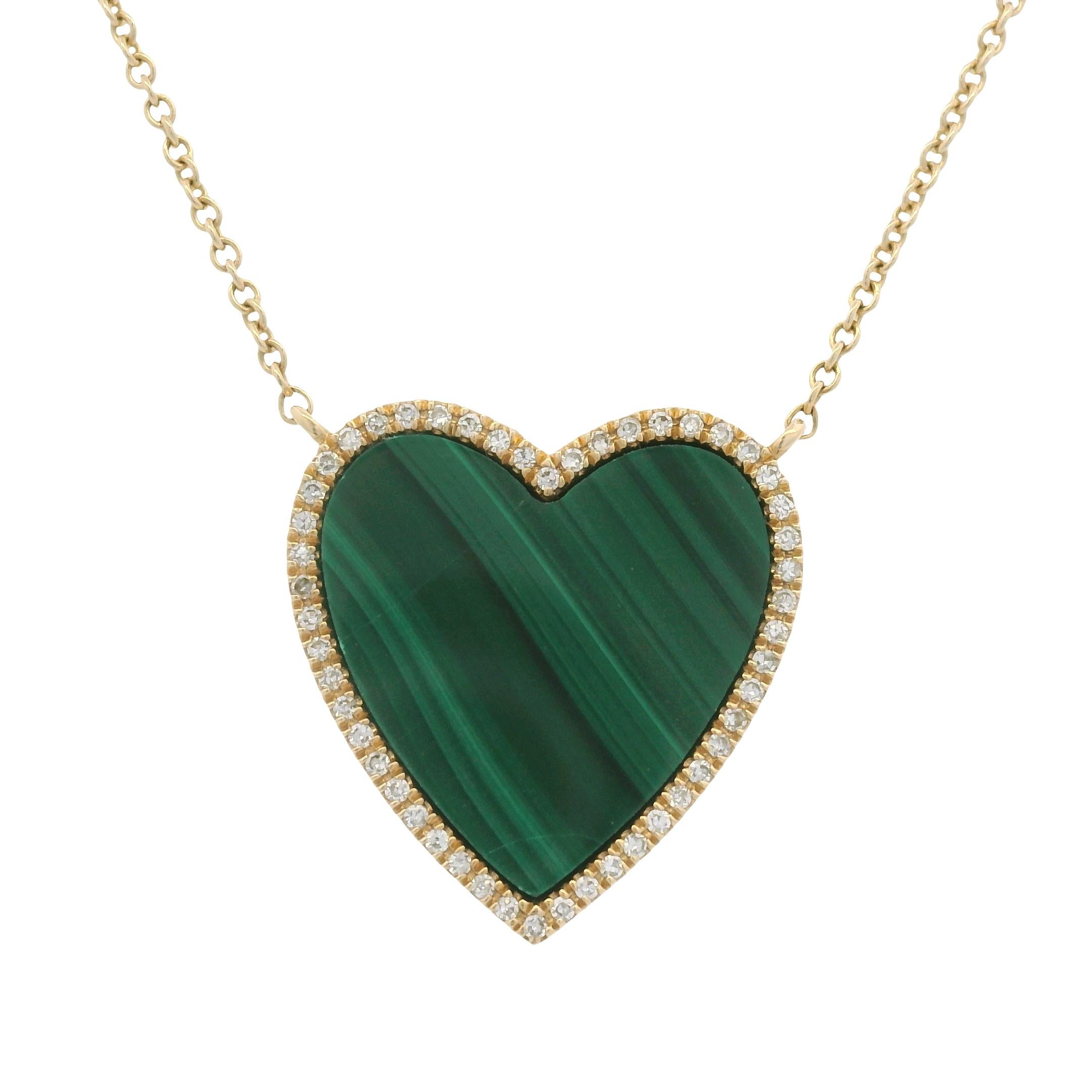 Natural Malachite Diamond Halo Heart 14-Karat Pendant Necklace En Stock en venta