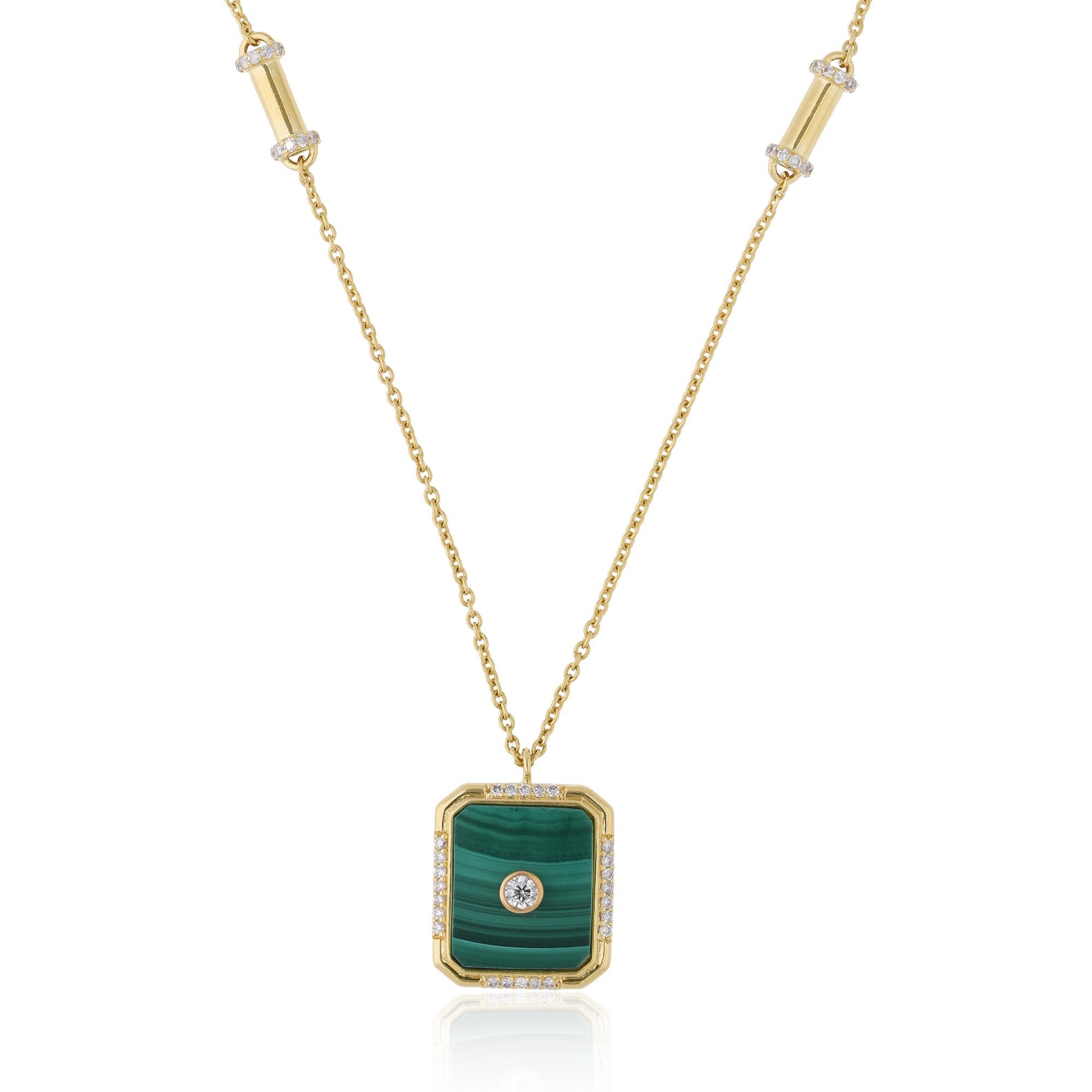Item Code :- SEPD-3658
Gross Wt. :- 6.90 gm
18k Yellow Gold Wt. :- 5.63 gm
Natural Diamond Wt. :- 0.44 Ct. ( AVERAGE DIAMOND CLARITY SI1-SI2 & COLOR H-I )
Malachite Wt. :- 5.90 Ct.
Necklace Length :- 16 Inches Long

✦ Sizing
.....................
We
