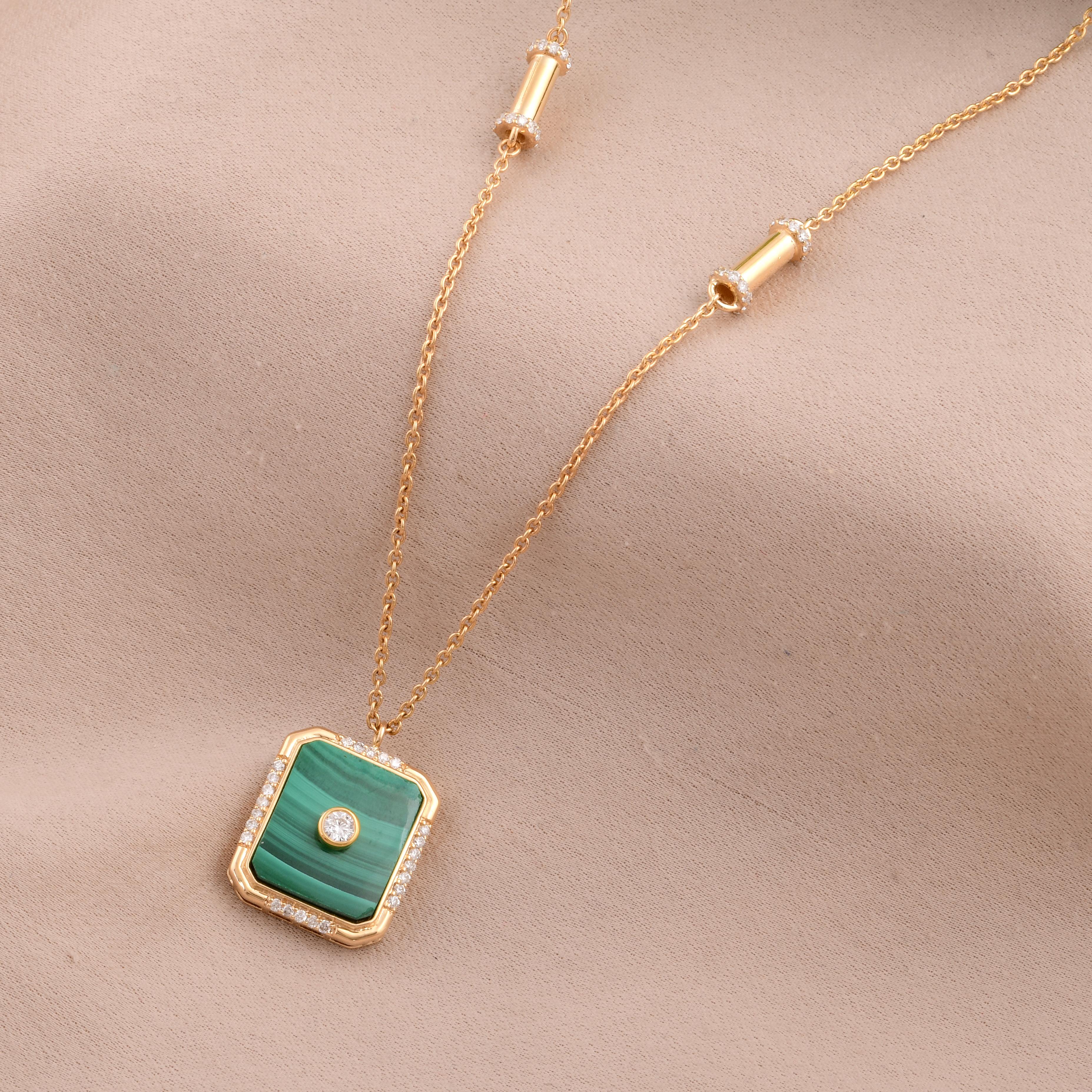 Modern Natural Malachite Diamond Pendant Necklace 18 Karat White Gold Handmade Jewelry For Sale