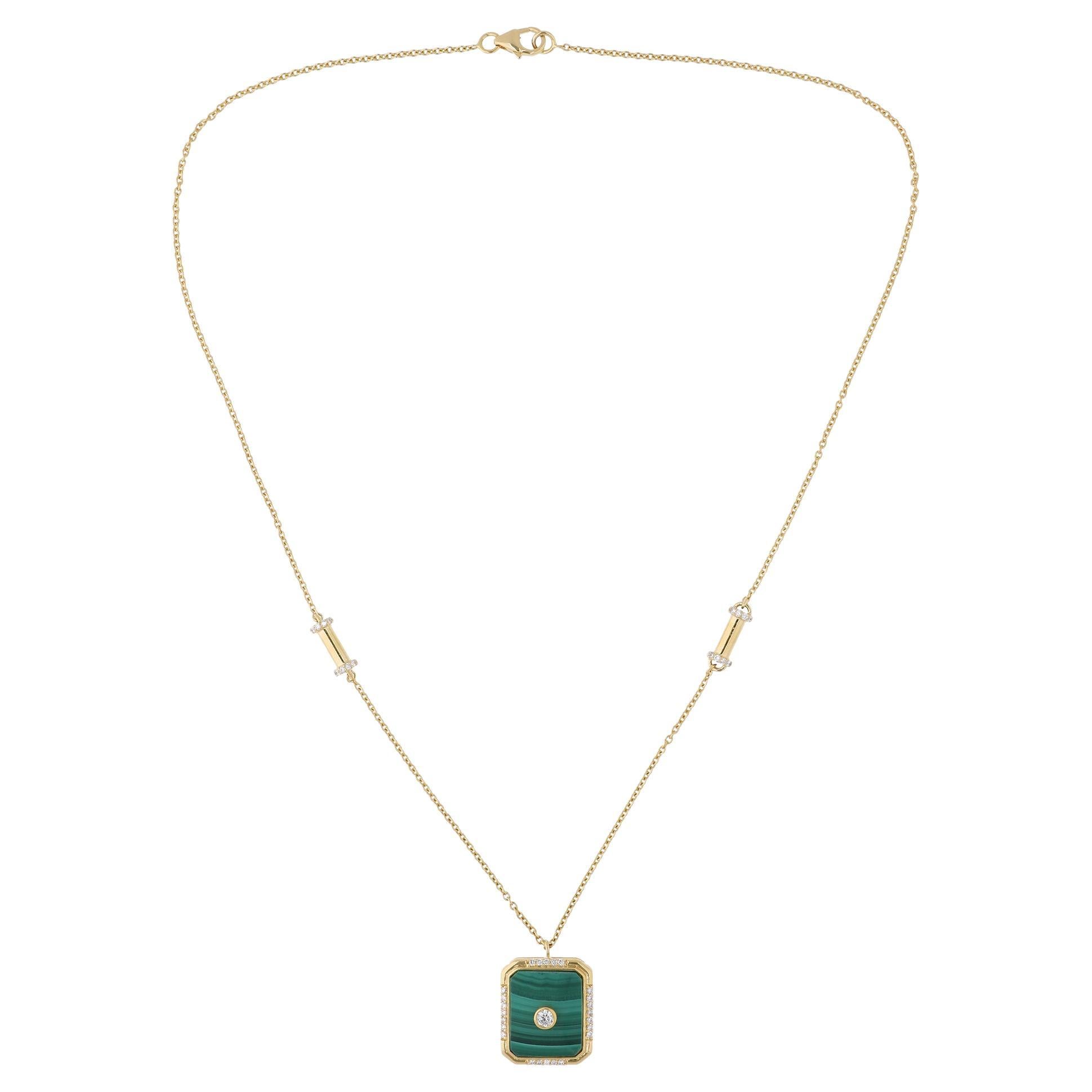 Natural Malachite Diamond Pendant Necklace 18 Karat White Gold Handmade Jewelry For Sale