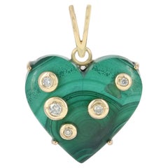Natural Malachite Gemstone Heart Charm Solid 14k Yellow Gold Diamond Pendant