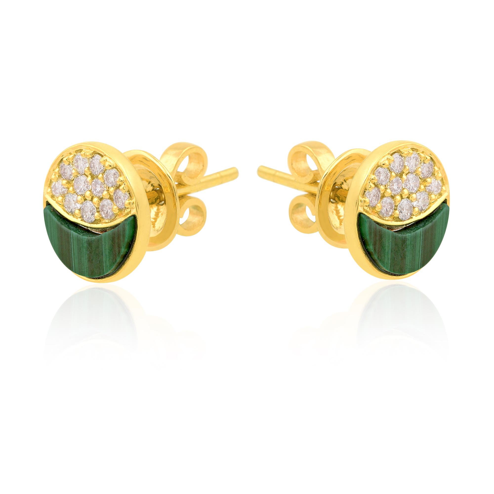 Half Moon Cut Natural Malachite Gemstone Stud Earrings Diamond 14 Karat Yellow Gold Jewelry For Sale