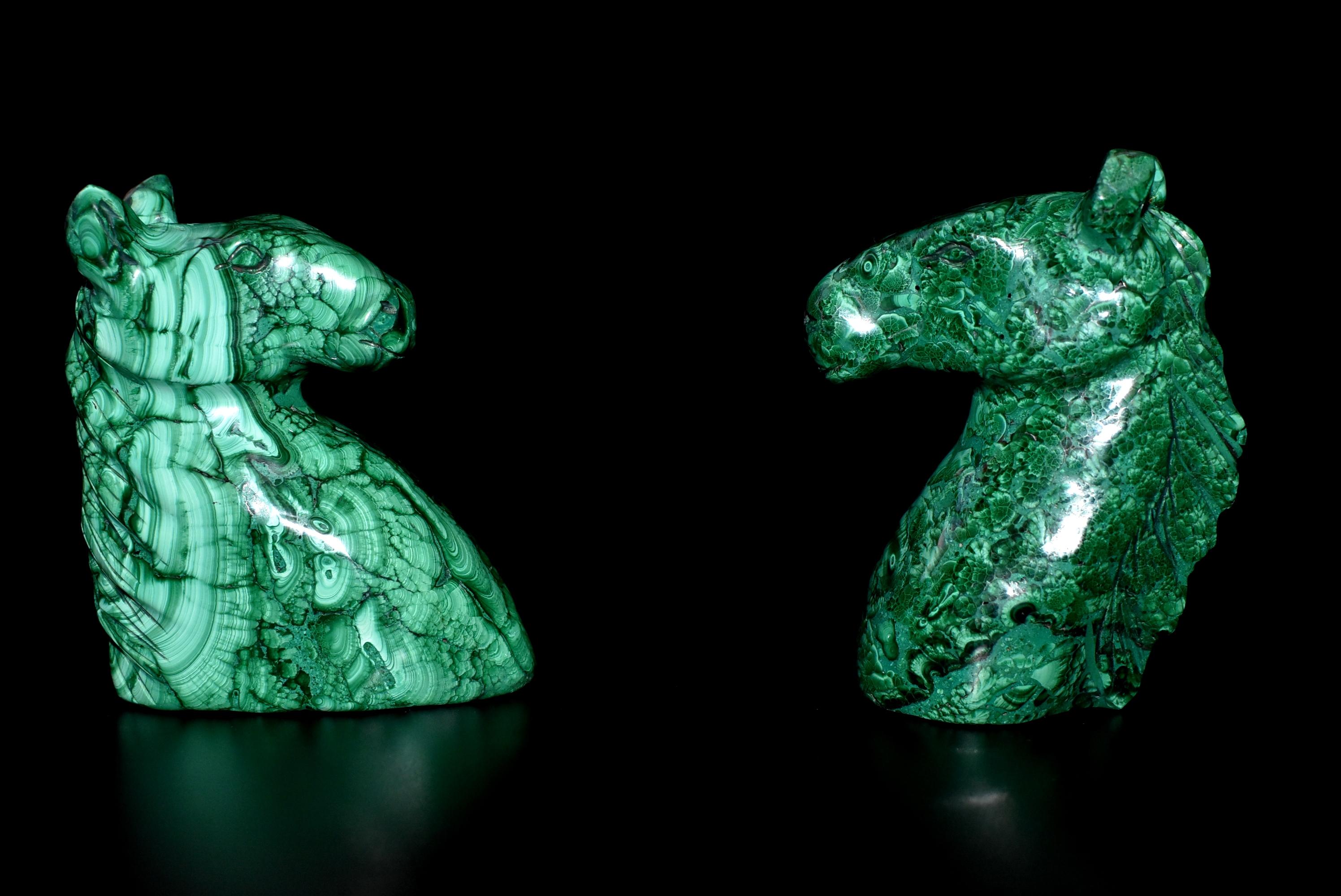 Natural Malachite Horse Sculptures Pair Bookends Paperweights 9