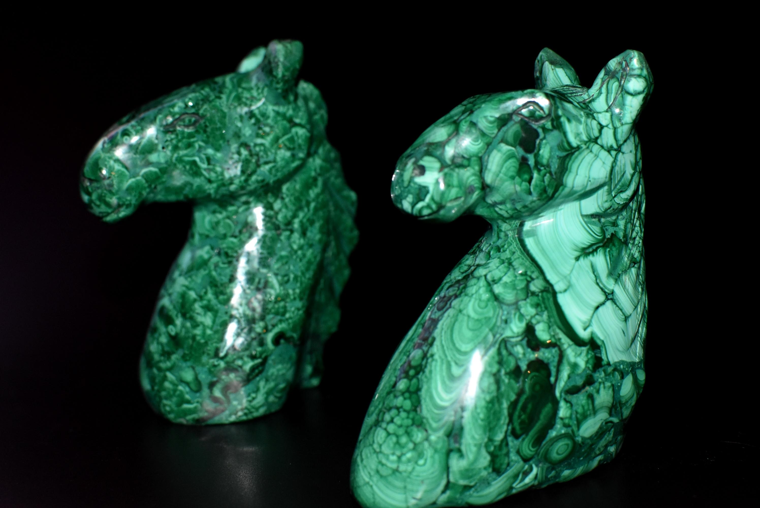 Natural Malachite Horse Sculptures Pair Bookends Paperweights 10