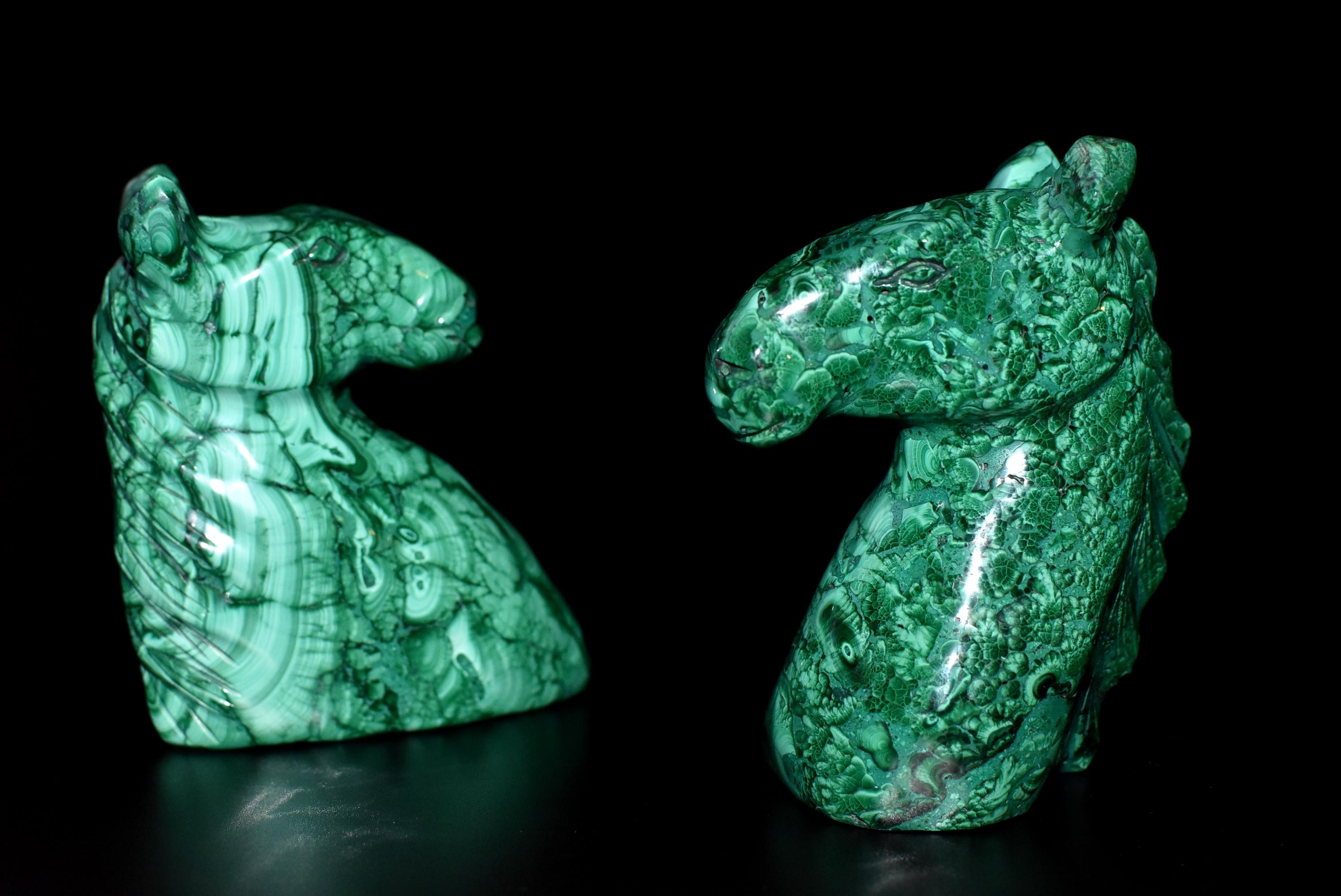 Natural Malachite Horse Sculptures Pair Bookends Paperweights 11