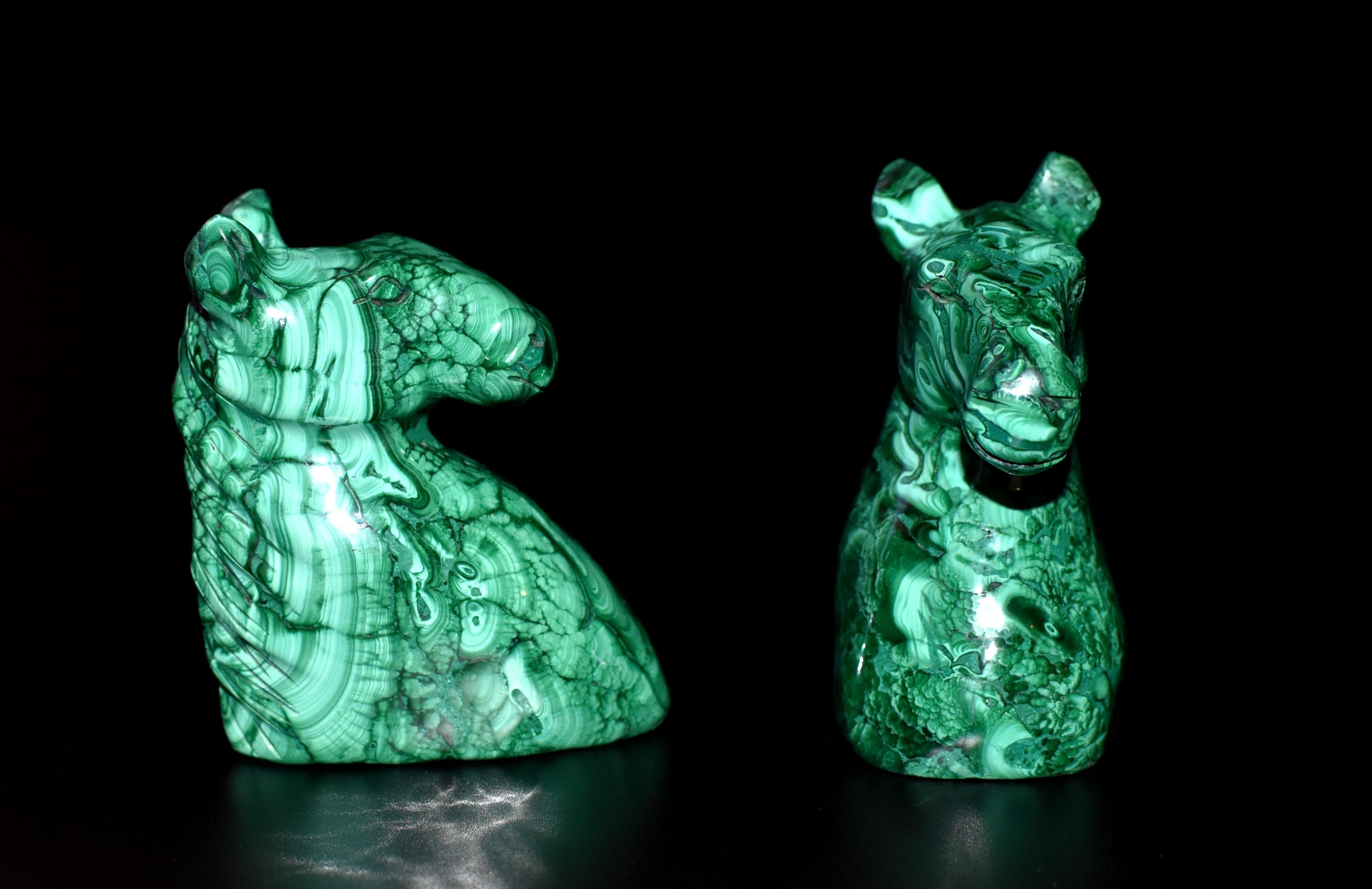 Natural Malachite Horse Sculptures Pair Bookends Paperweights 12
