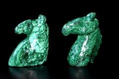 Natural Malachite Horse Sculptures Pair Bookends Paperweights