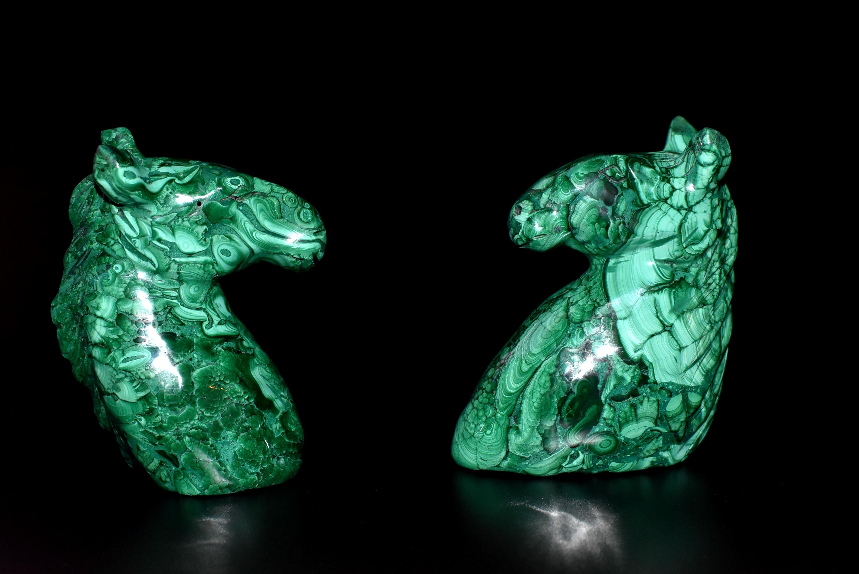 Natural Malachite Horse Sculptures Pair Bookends Paperweights 13