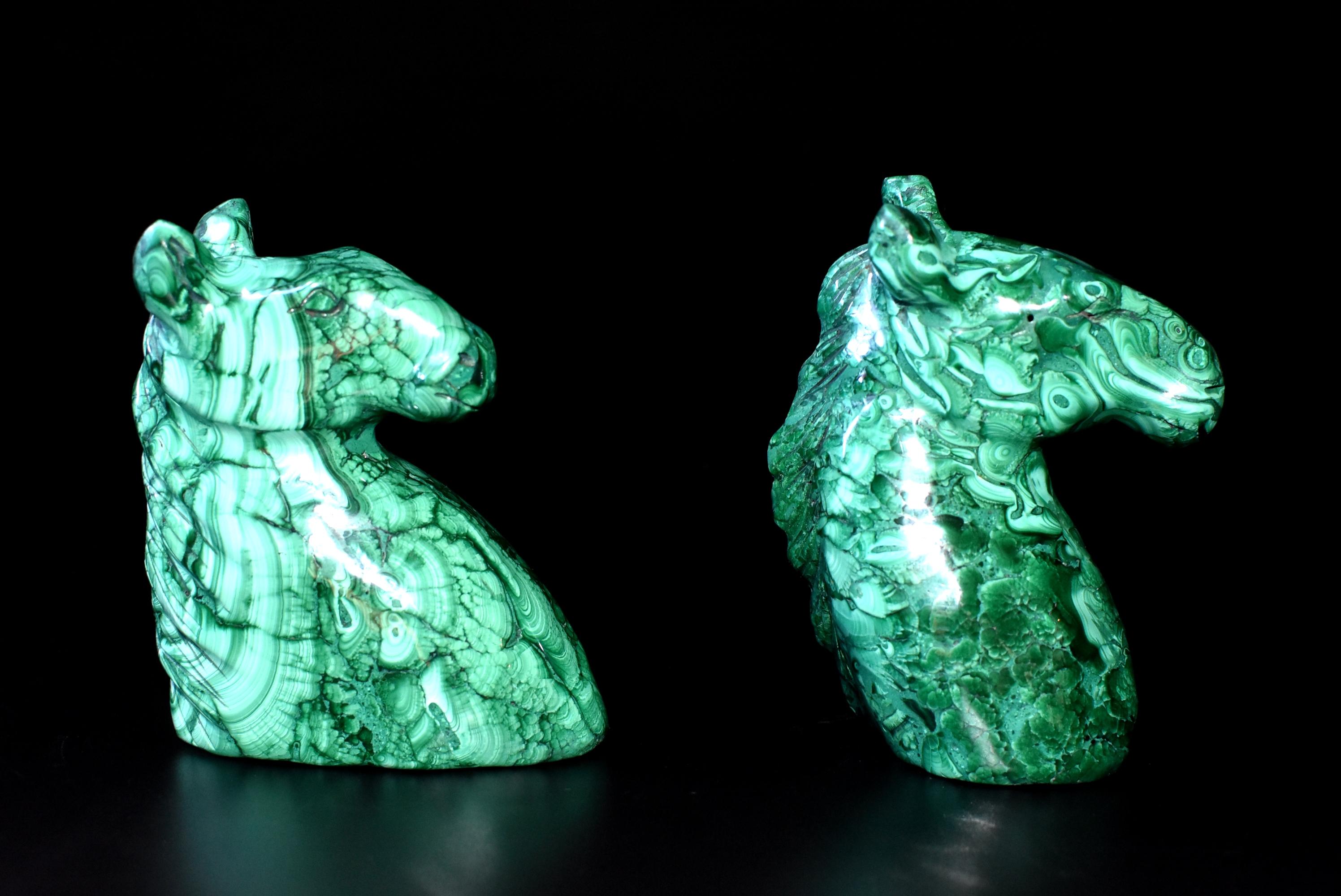 Malagasy Natural Malachite Horse Sculptures Pair Bookends Paperweights